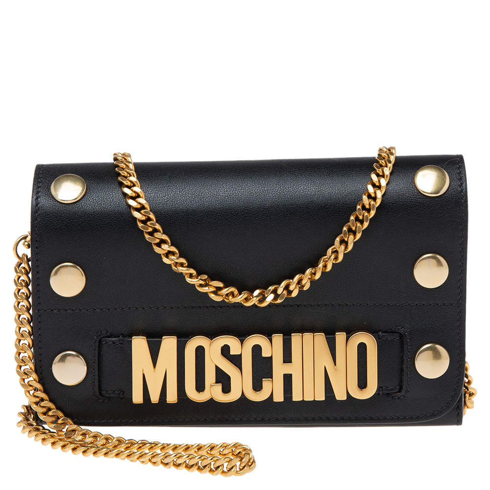 Pre Owned Moschino Black Leather Logo Flap Wallet on Chain
