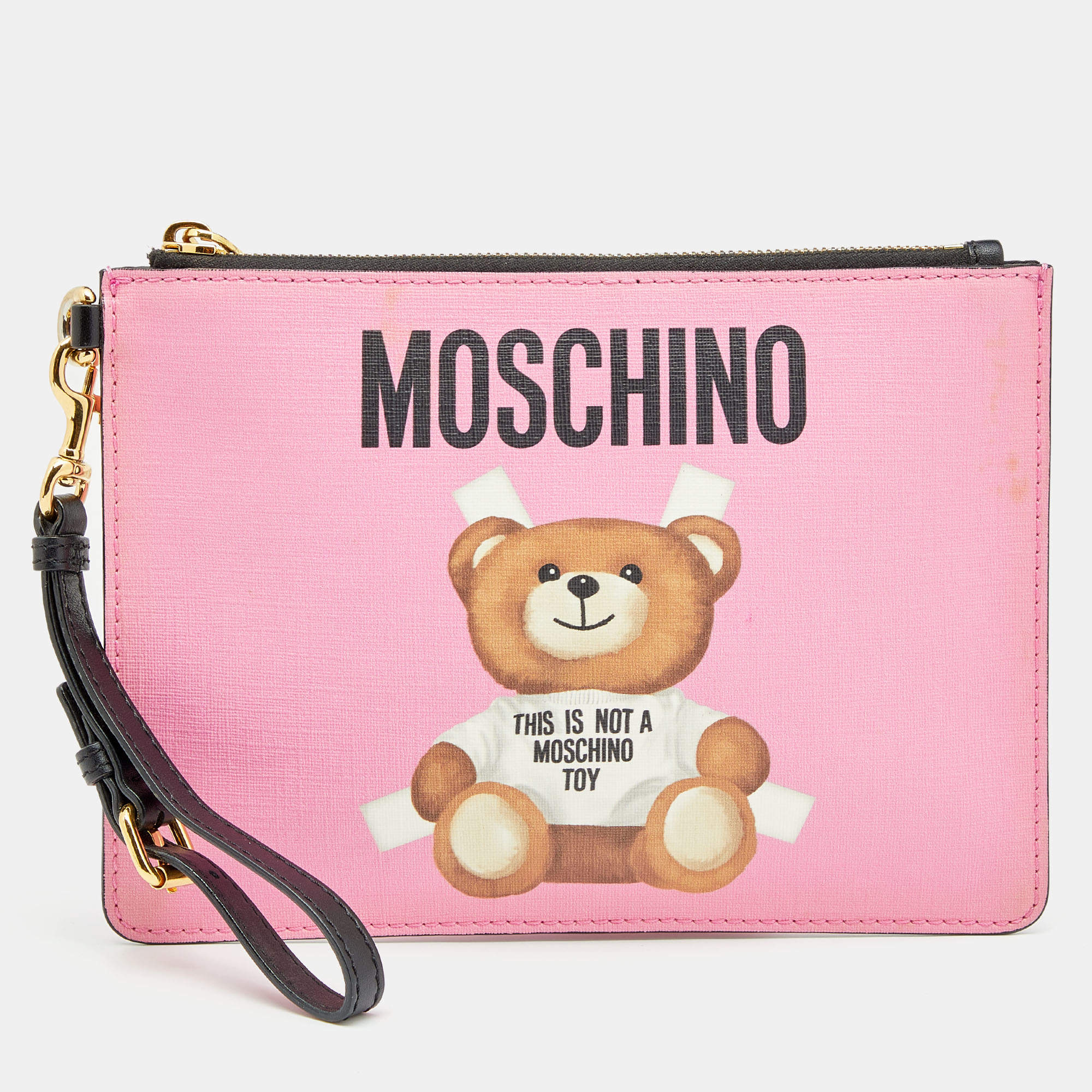 Pre Owned Moschino Pink Leather Teddy Bear Zip Pouch