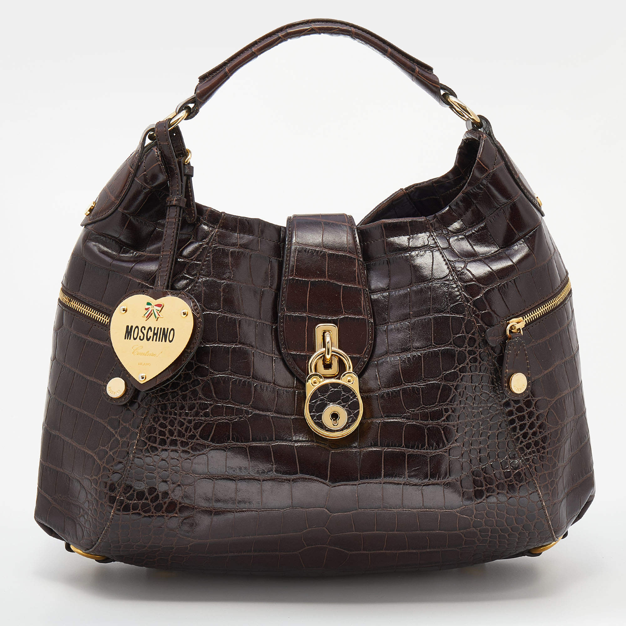 Pre Owned Moschino Dark Brown Croc Embossed Leather Hobo