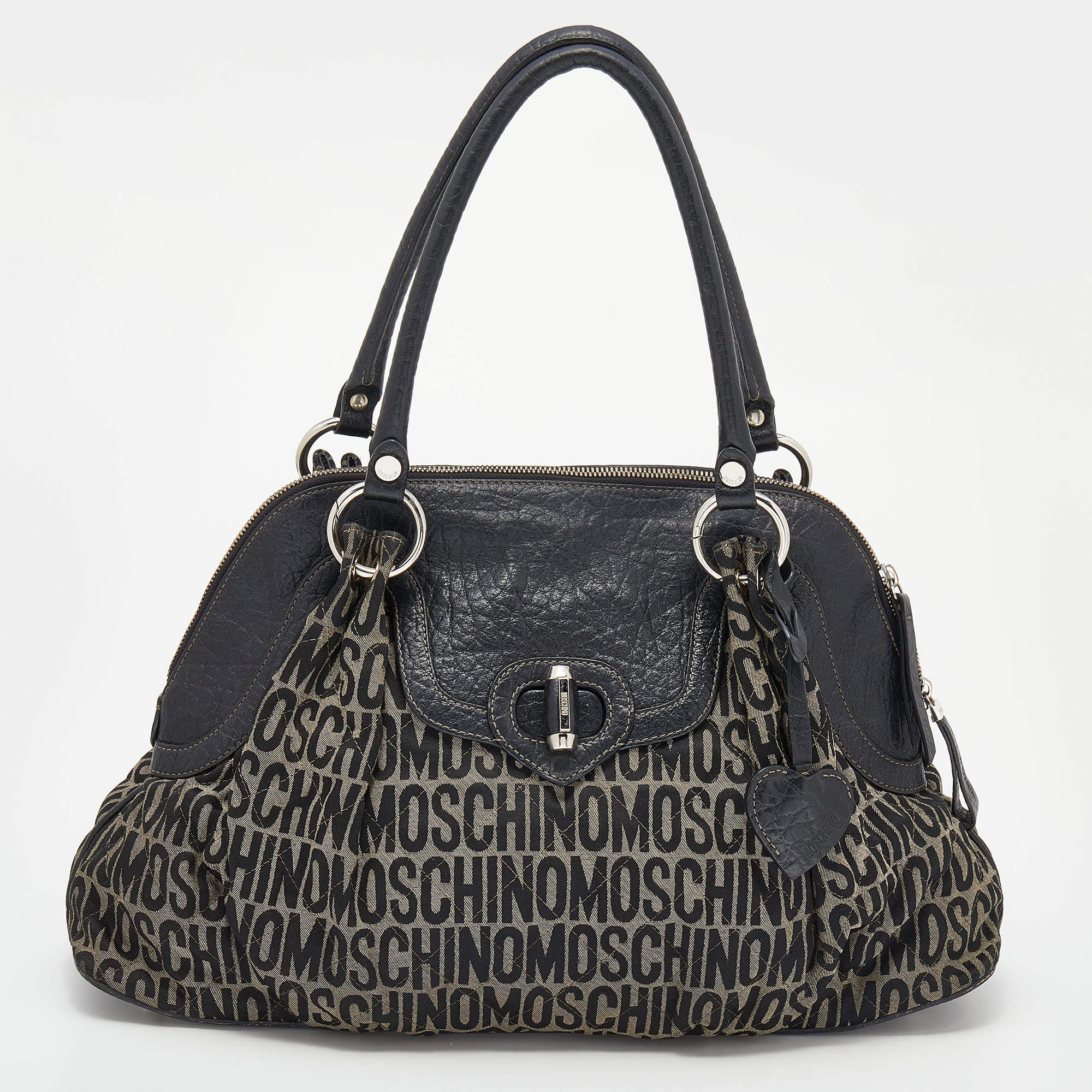 Pre Owned Moschino Black/Beige Leather And Logo Canvas Satchel