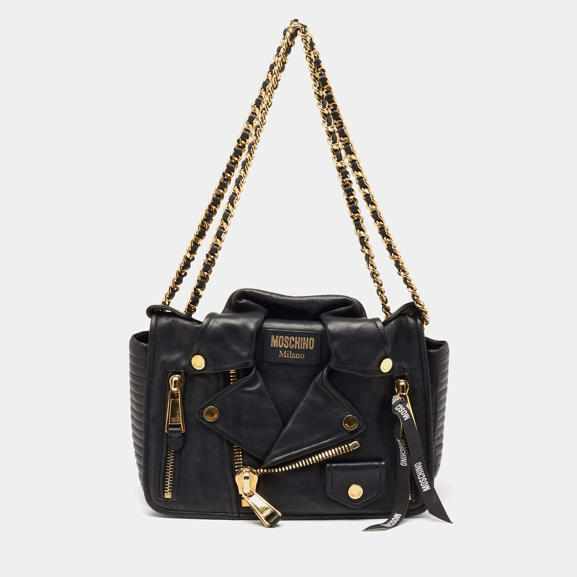 Pre Owned Moschino Black Leather Capsule Biker Jacket Shoulder Bag