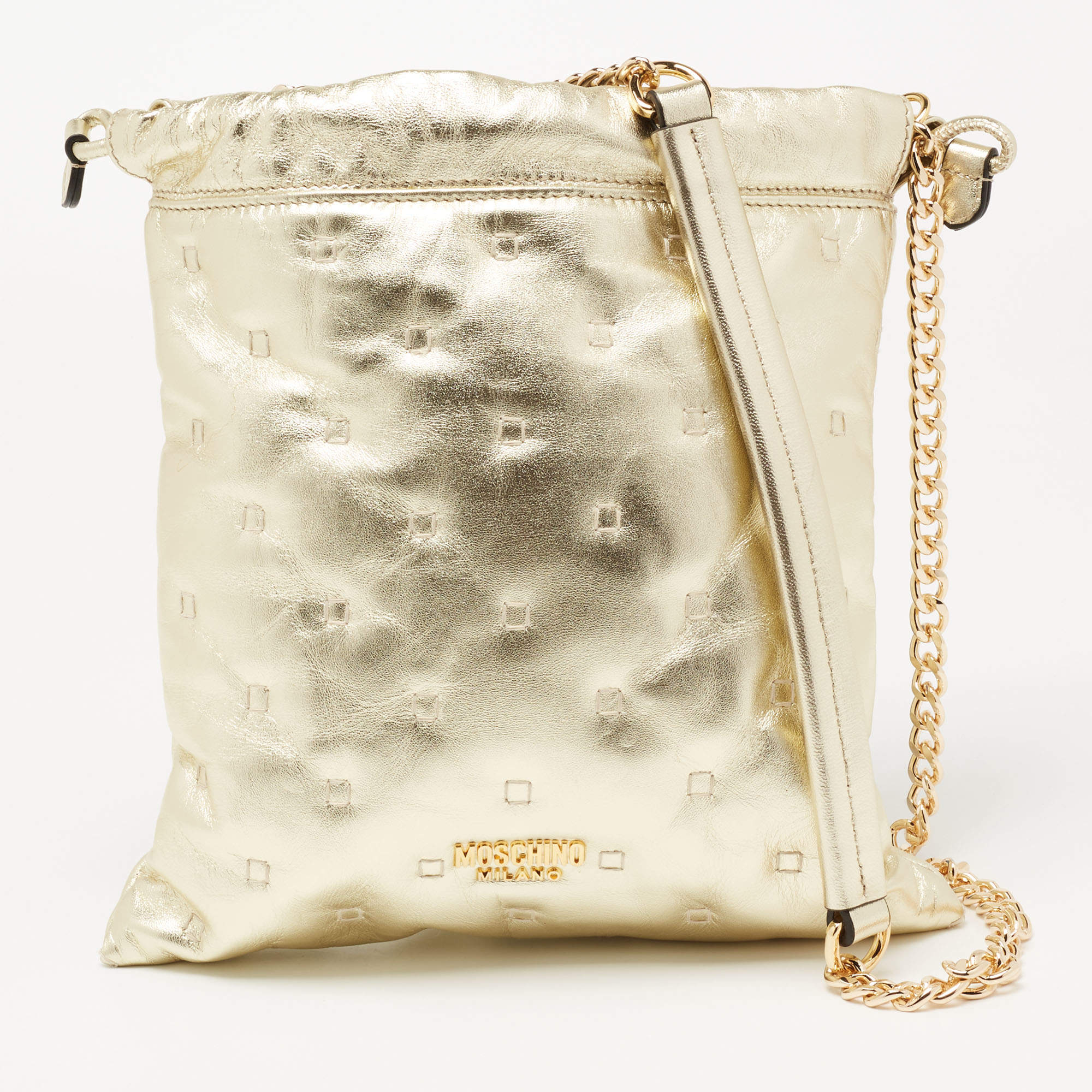 Pre Owned Moschino Metallic Gold Leather Drawstring Crossbody Bag