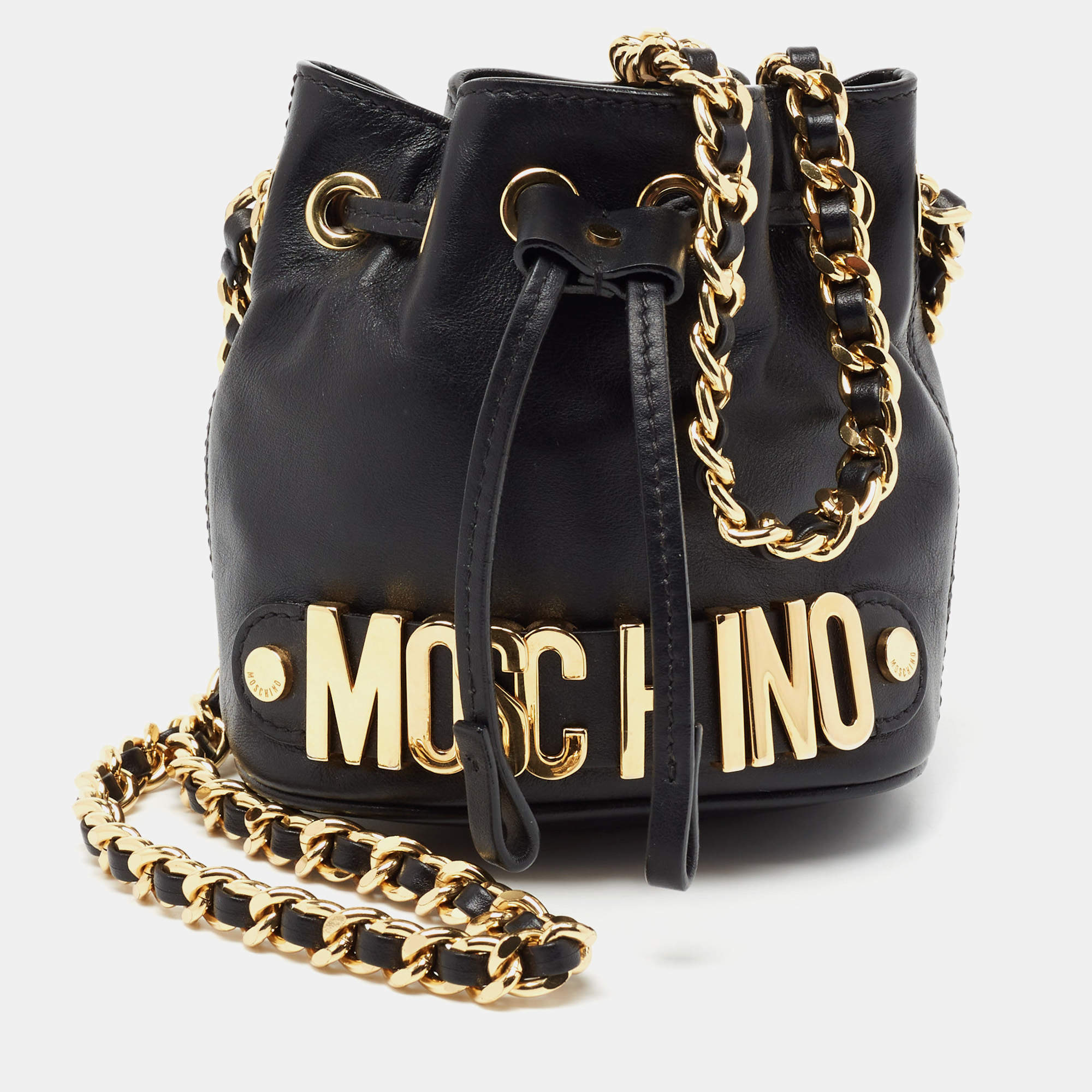 Pre Owned Moschino Black Leather Mini Logo Drawstring Bucket Bag
