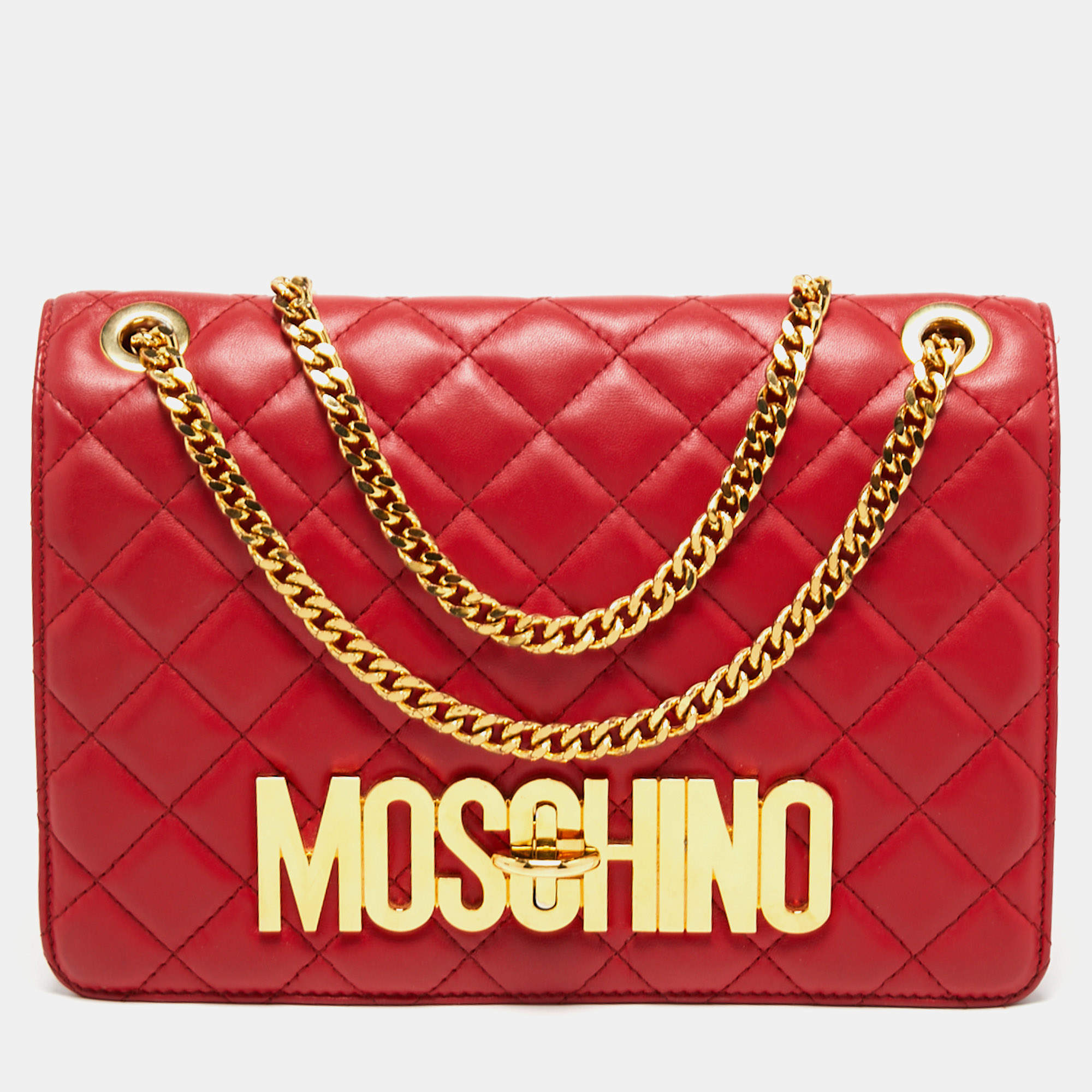 Pre Owned Moschino Red Quilted Leather Logo Flap Shoulder Bag