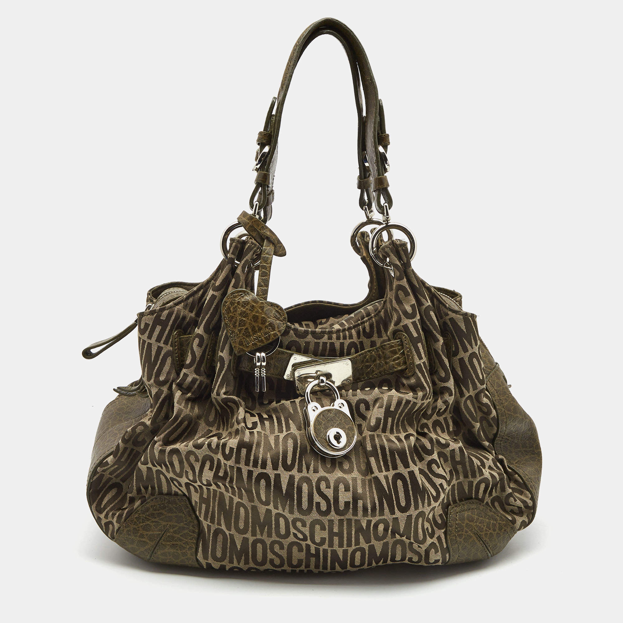Pre Owned Moschino Olive Green Signature Fabric and Croc Embossed Leather Hobo
