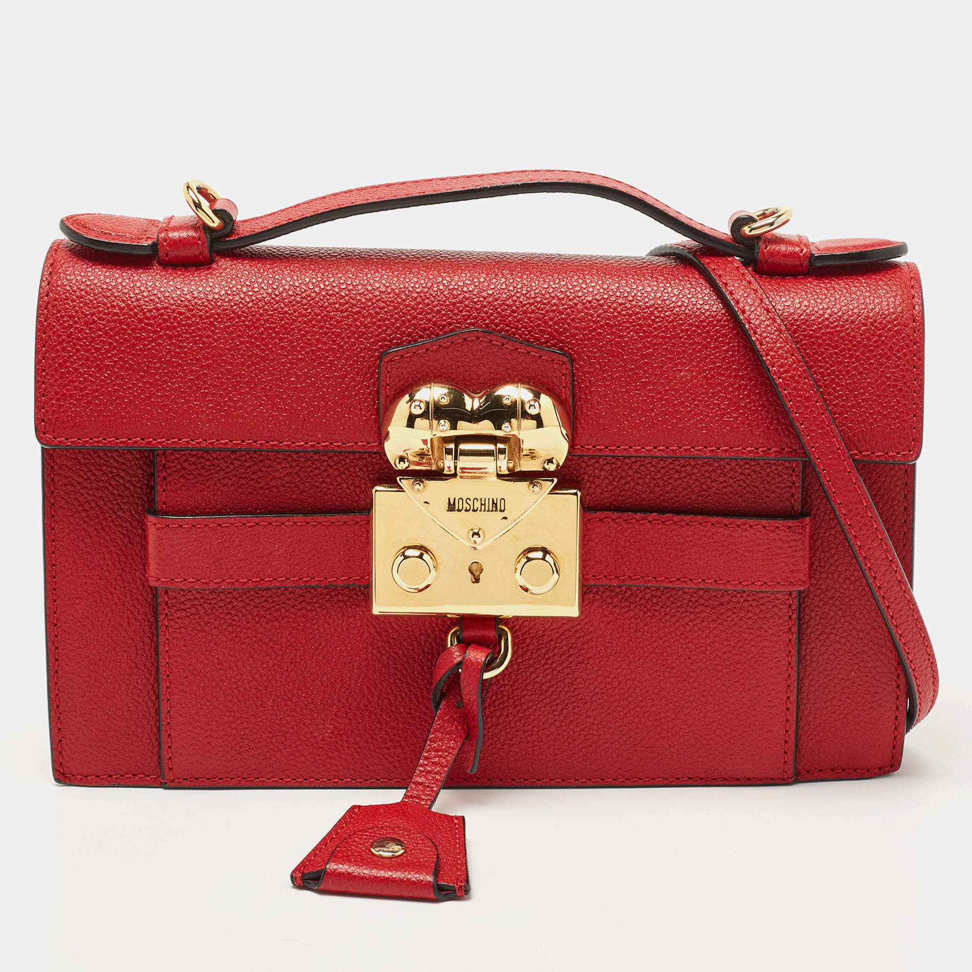 Pre Owned Moschino Red Leather Heart Clasp Flap Top Handle Bag