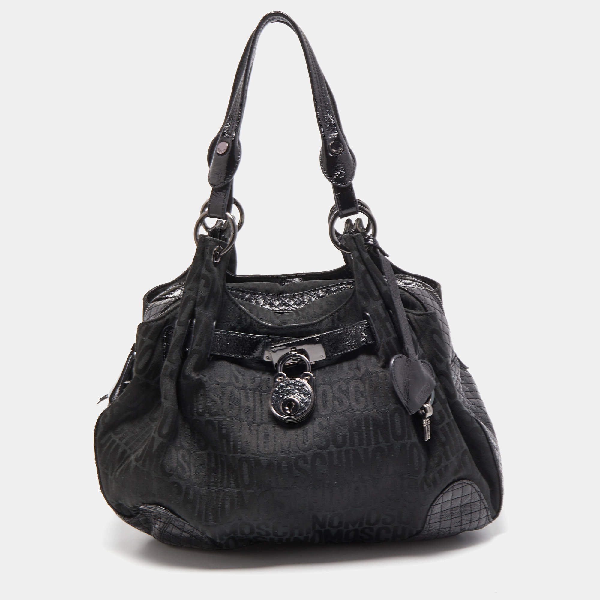 Pre Owned Moschino Black Jacquard Canvas and Patent Leather Padlock Hobo
