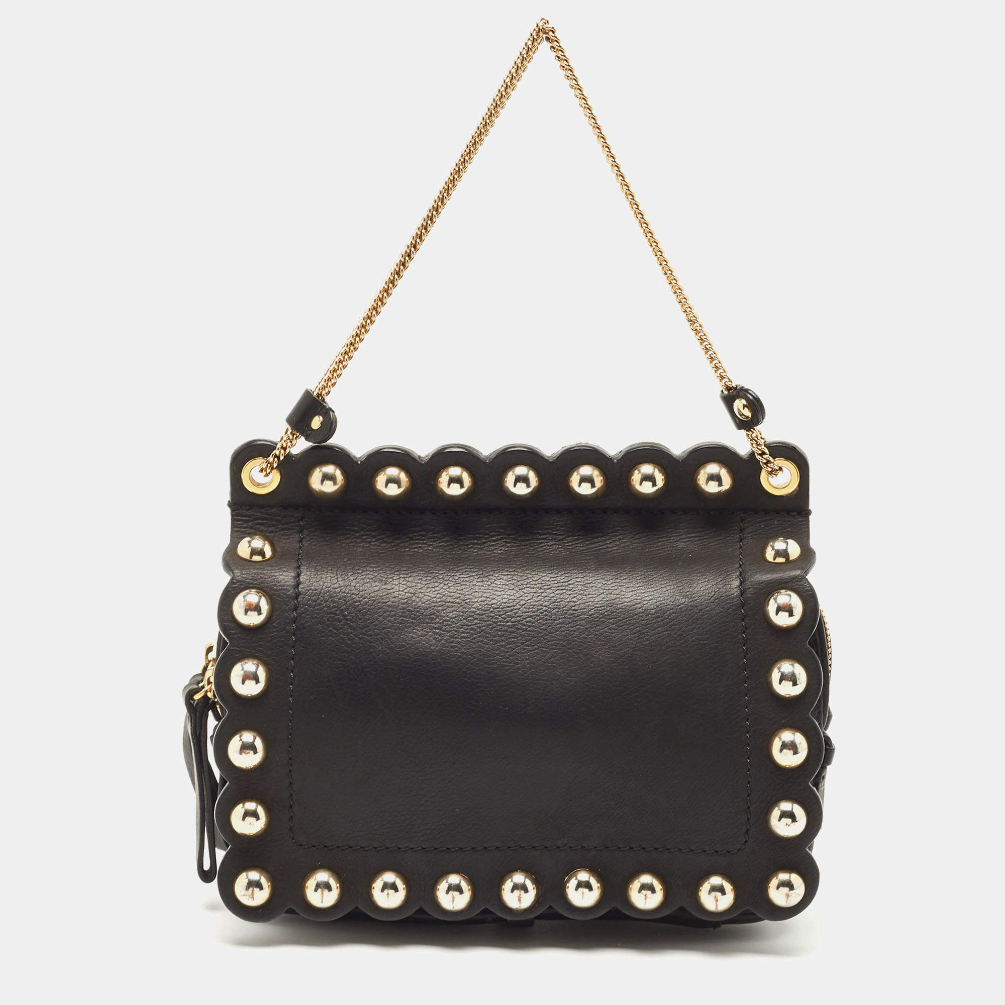 Pre Owned Moschino Black Leather Studded Flap Shoulder Bag