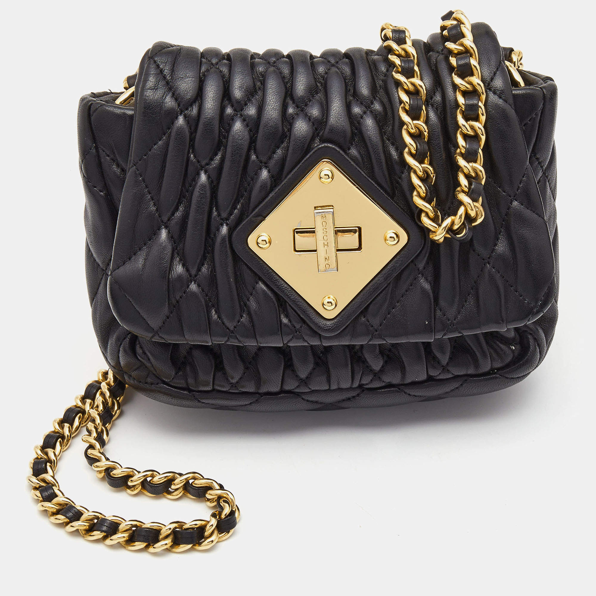 Moschino Black Quilted Leather Trunlock Flap Shoulder Bag