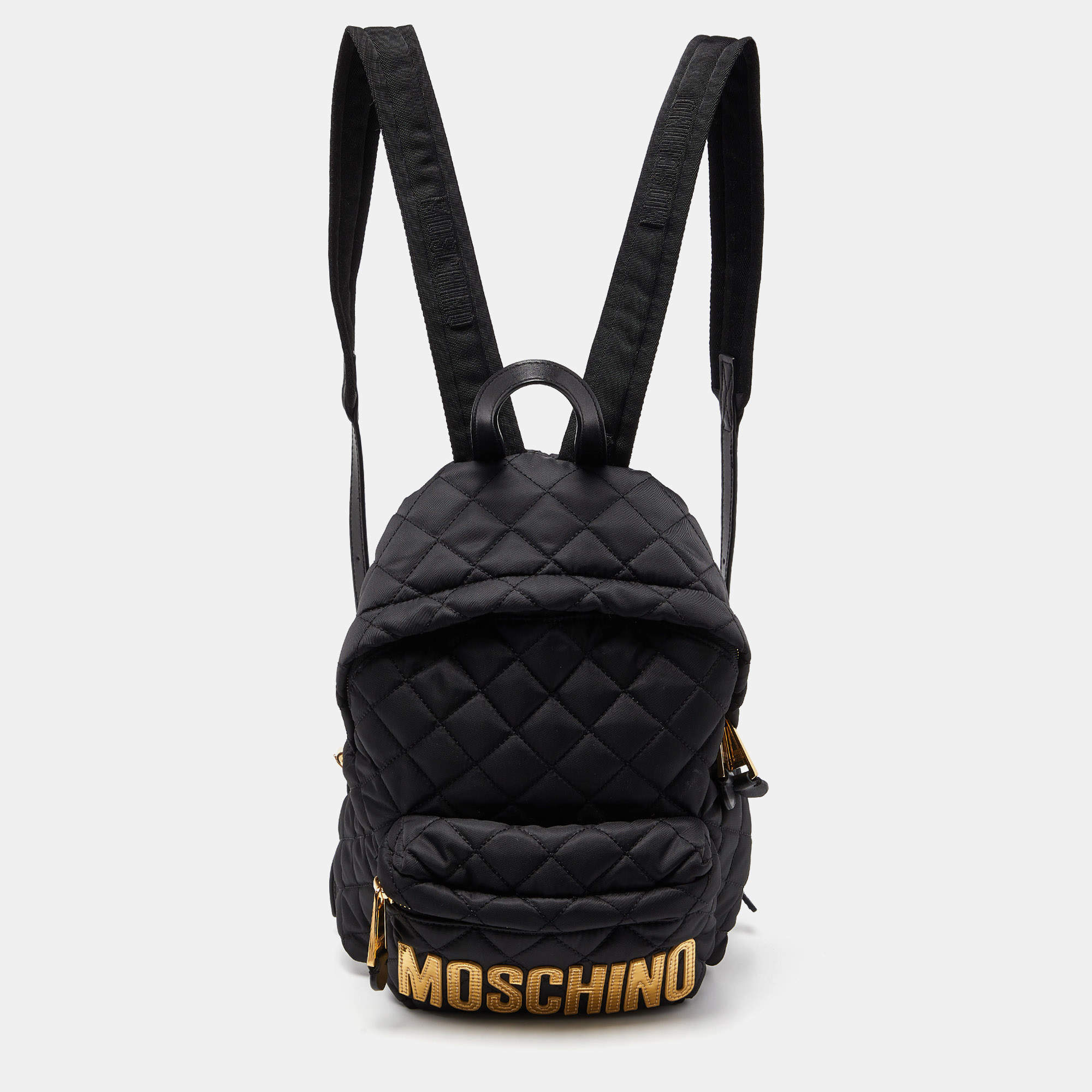Pre Owned Moschino Black Quilted Nylon Logo Backpack