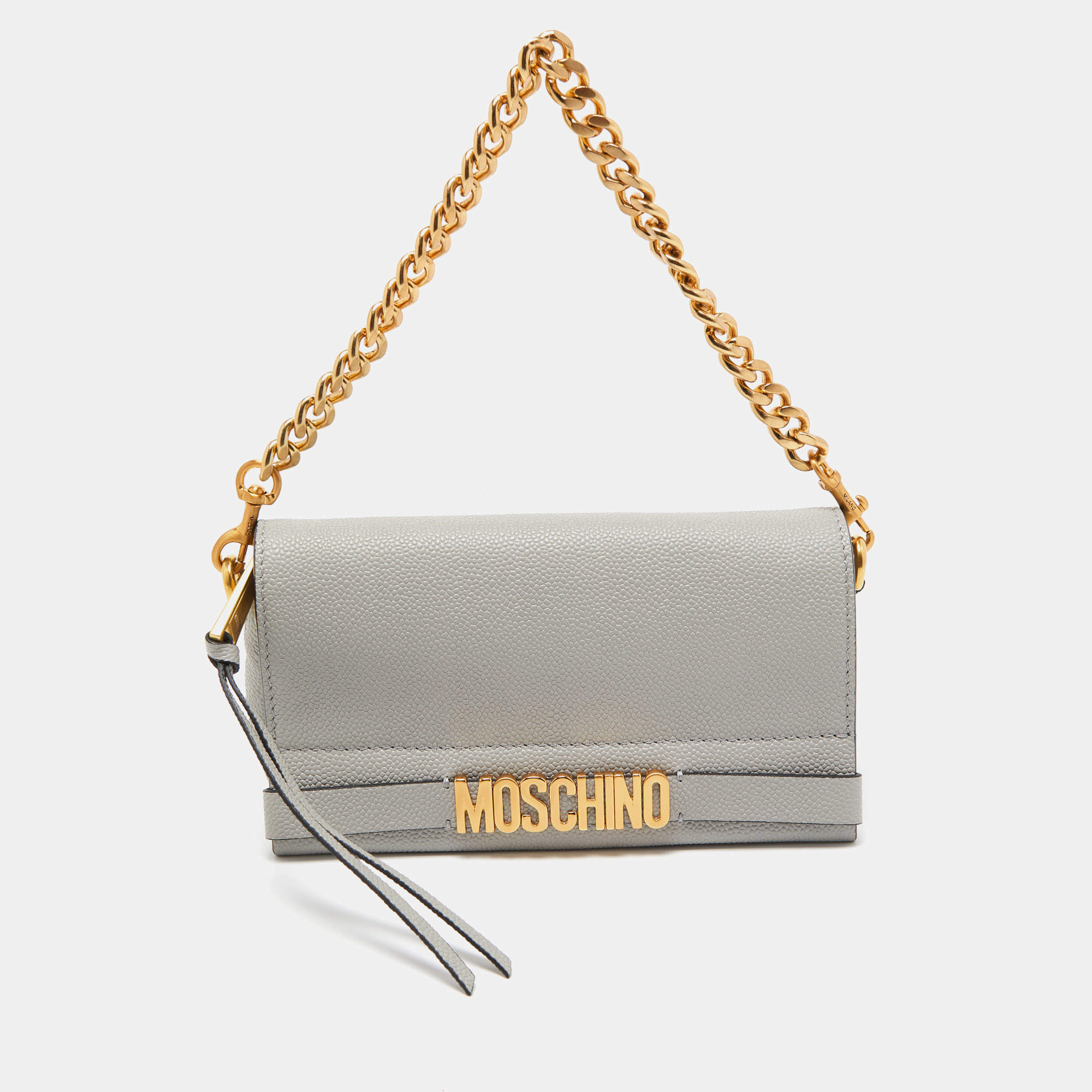 Pre Owned Moschino Grey Grained Leather Logo Flap Chain Clutch