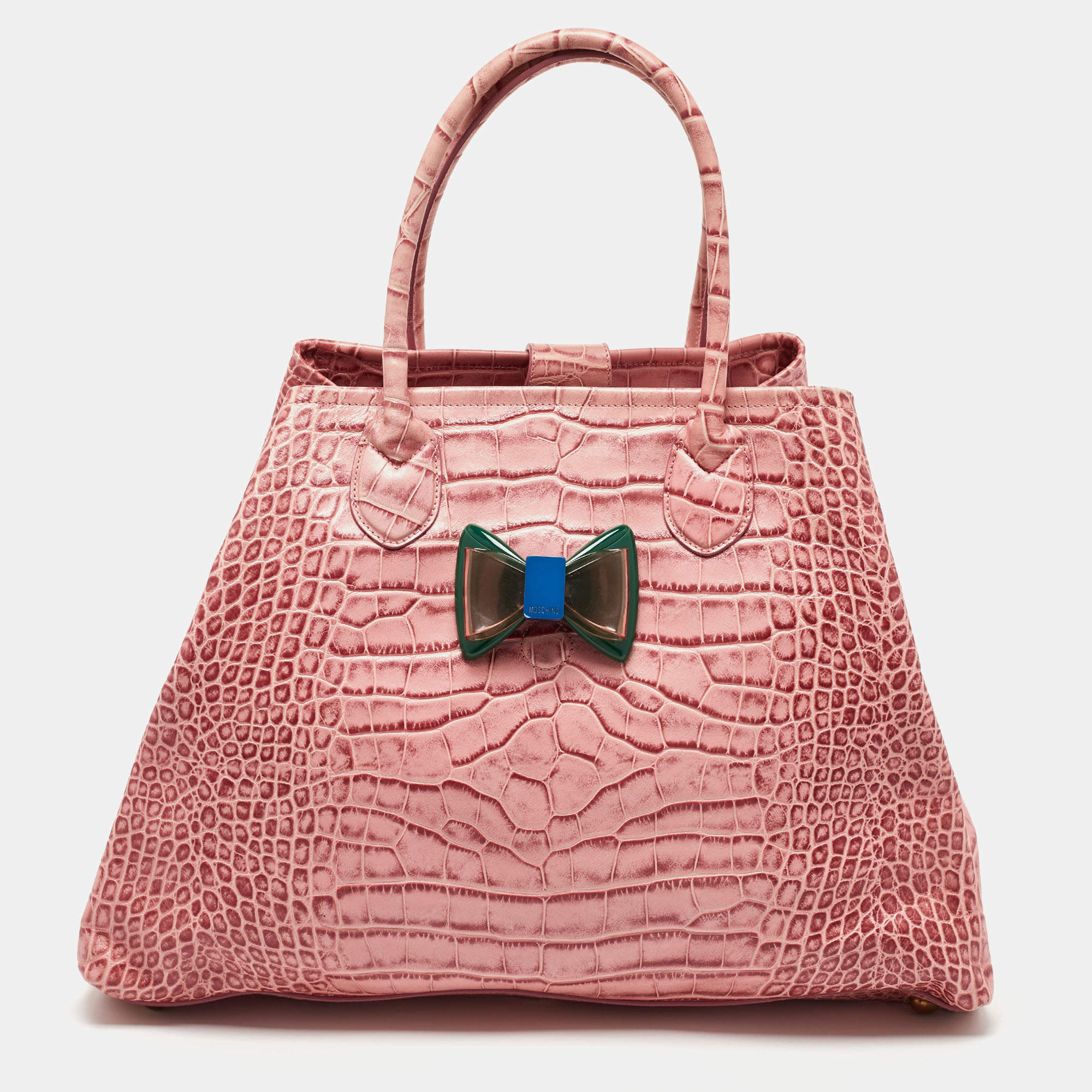 Pre Owned Moschino Pink Croc Embossed Leather Bow Flap Bag