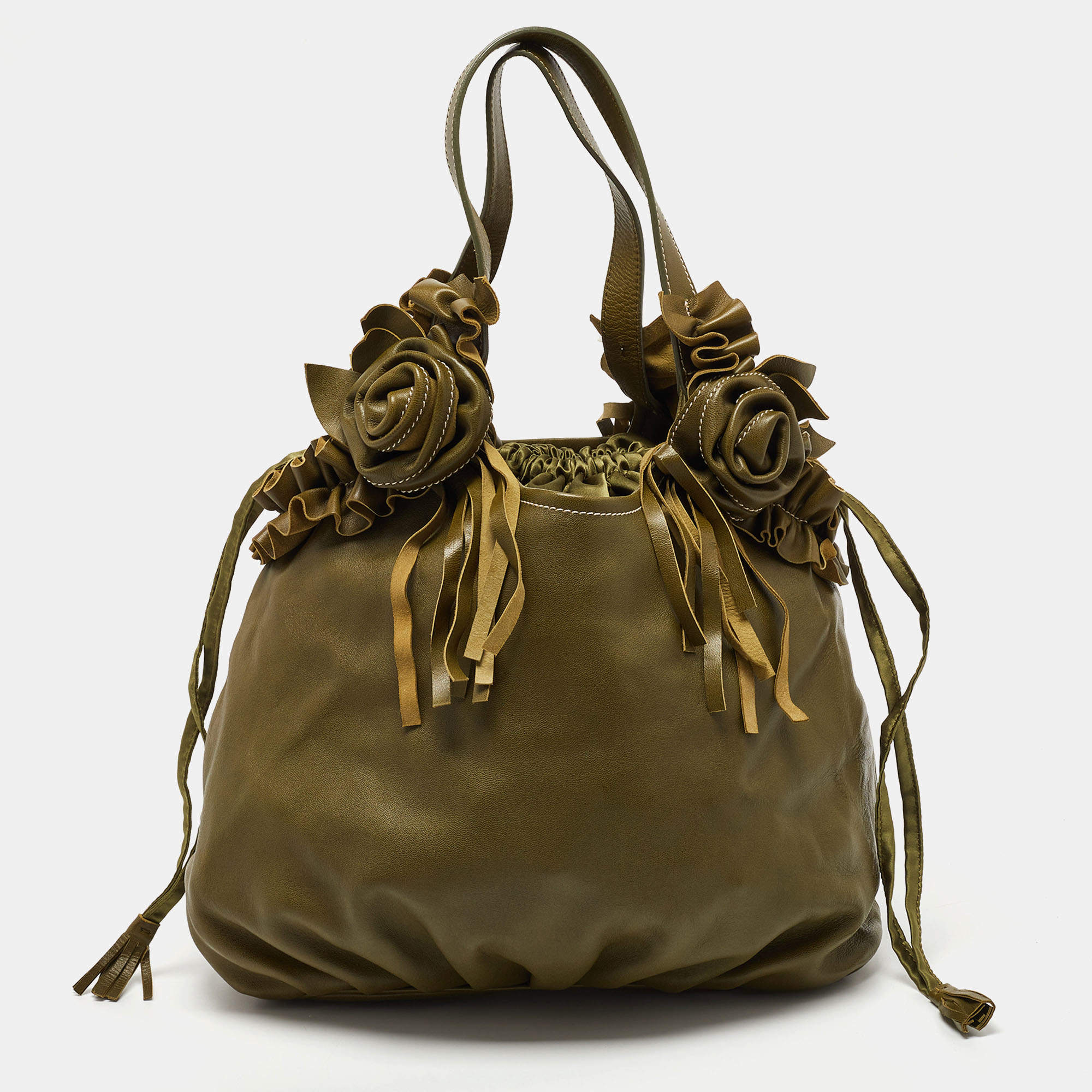 Pre Owned Moschino Green Leather and Satin Floral Applique Drawstring Bag   