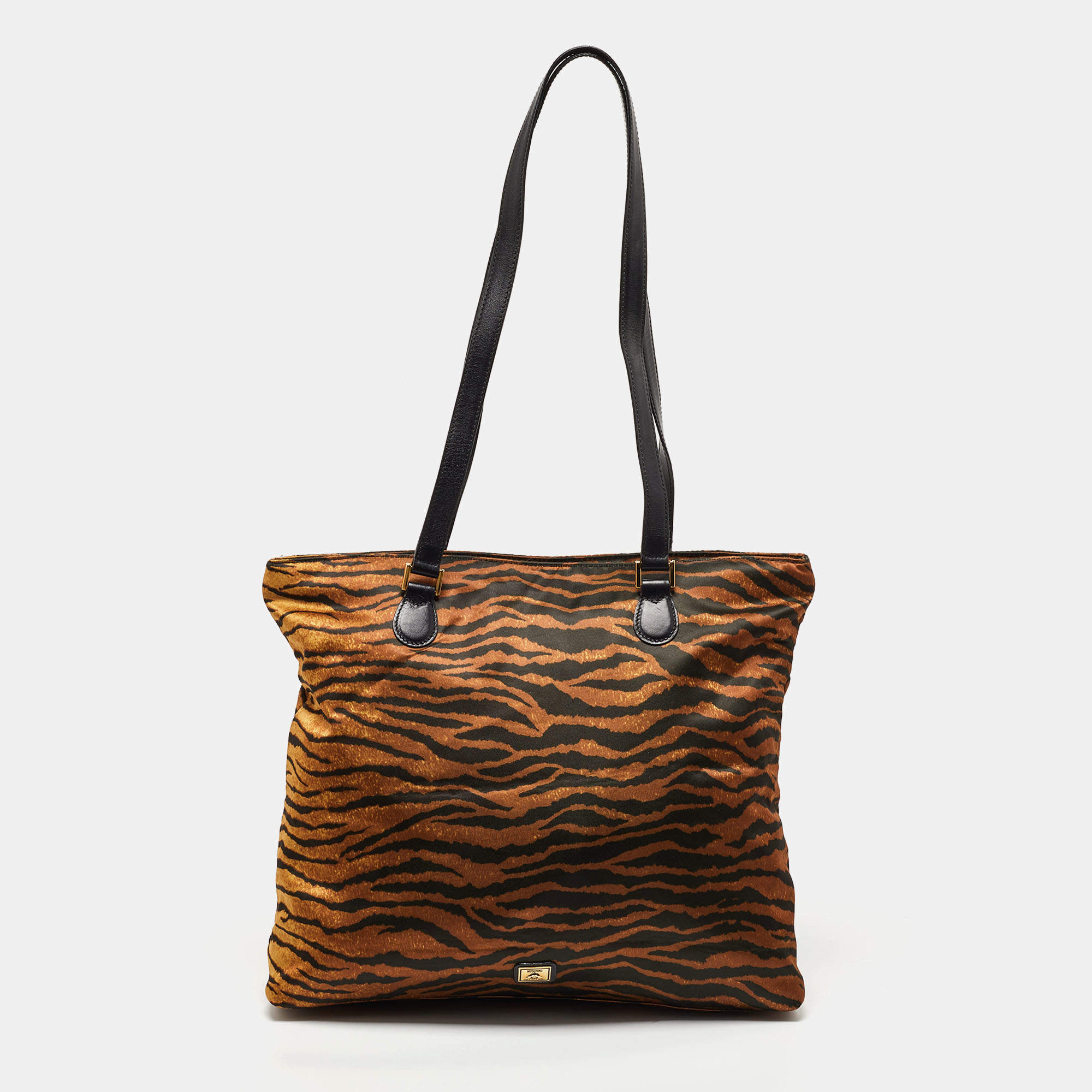 Moschino Brown/Black Zebra Print Fabric and Leather Zip Tote