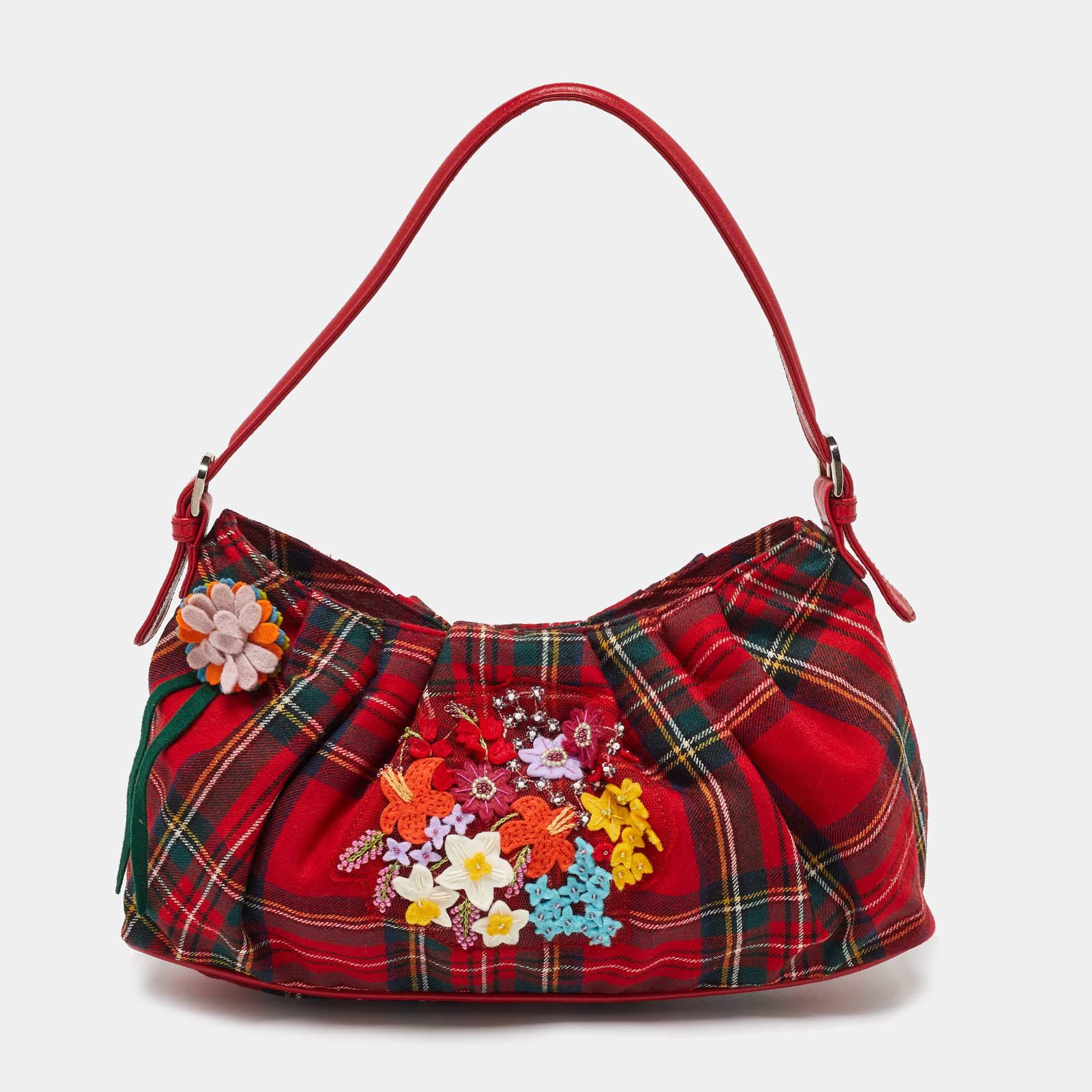 Pre Owned Moschino Red Plaid Wool and Leather Floral Applique Baguette Bag