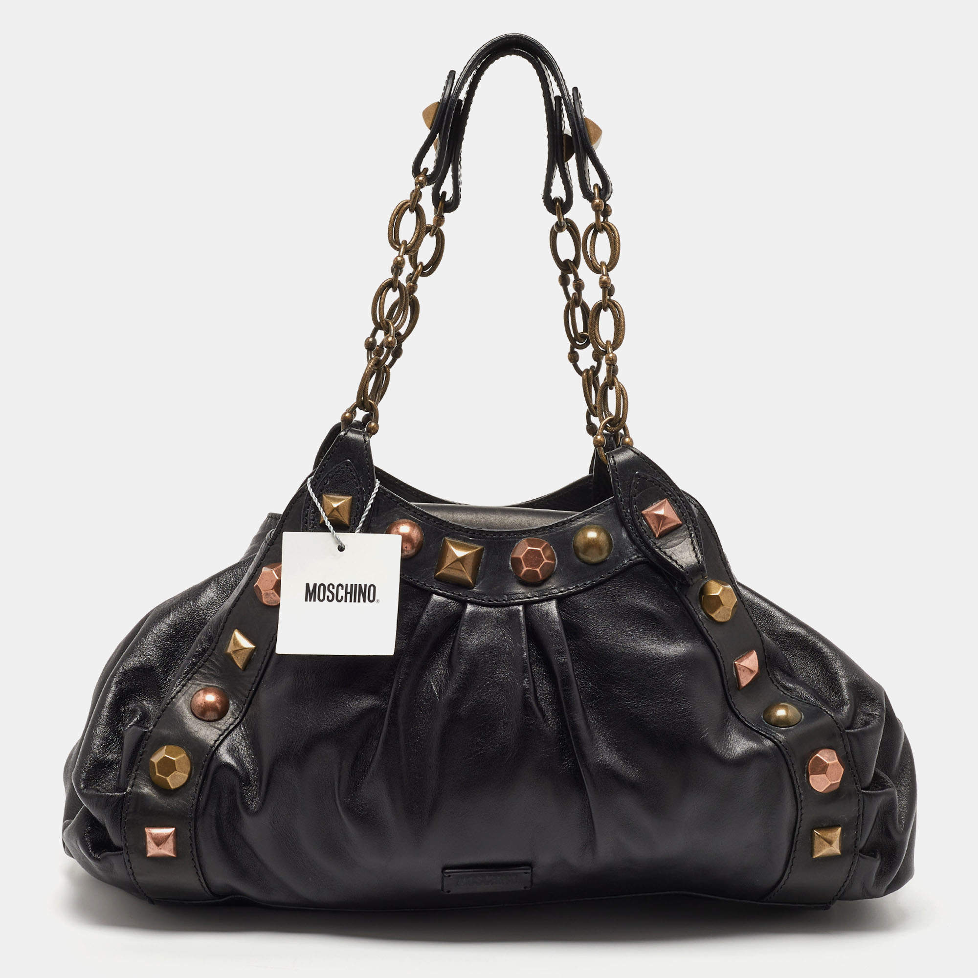 Pre Owned Moschino Black Leather Embellished Chain Link Satchel
