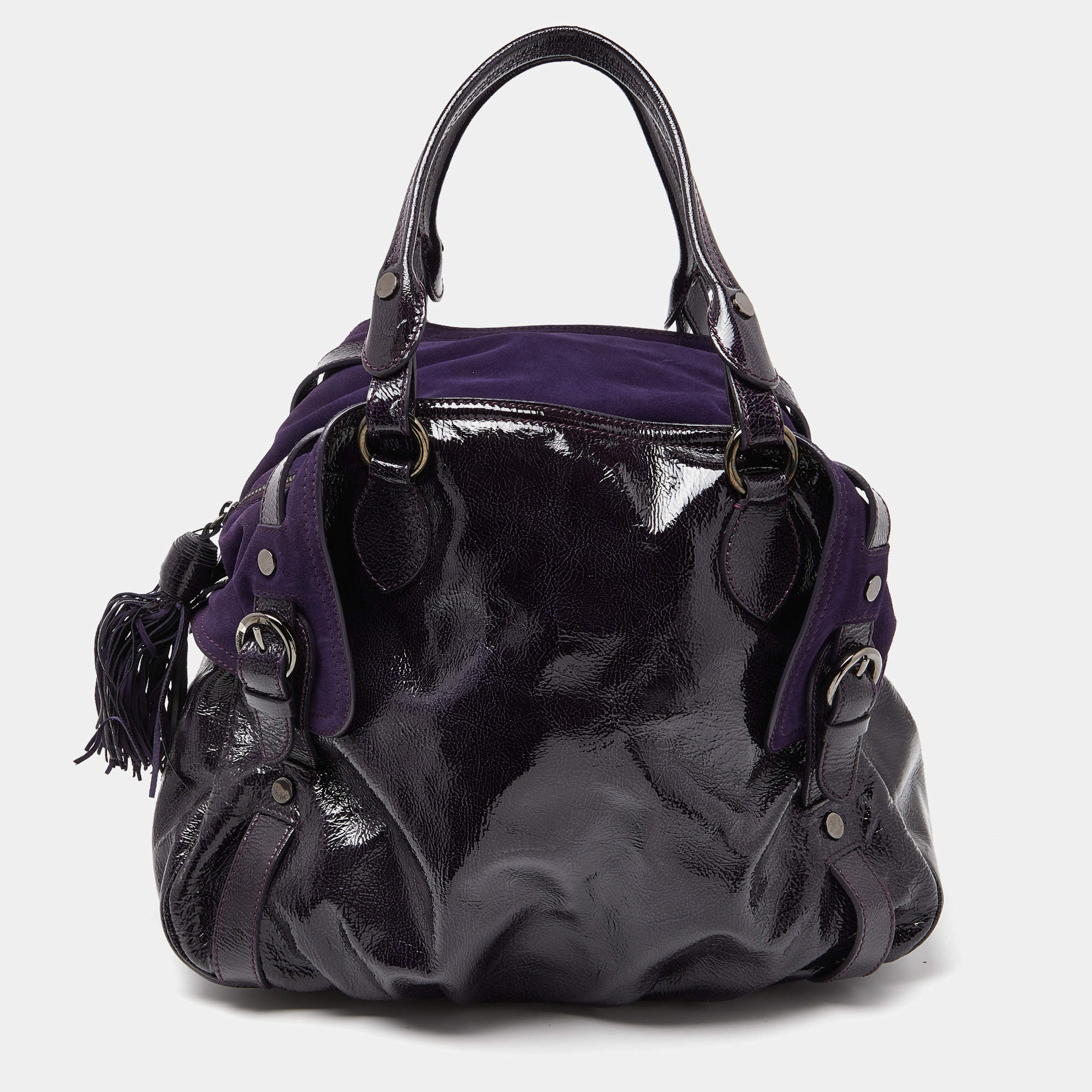 Pre Owned Moschino Purple Patent Leather and Suede Satchel