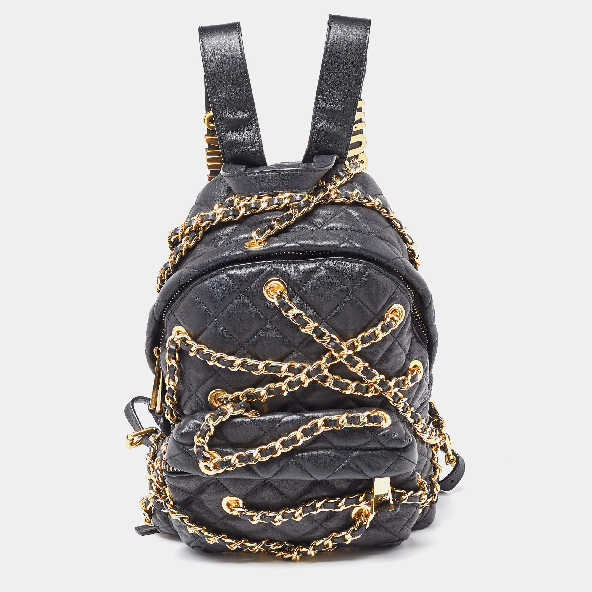 Moschino Black Quilted Faux Leather Chain Link Backpack