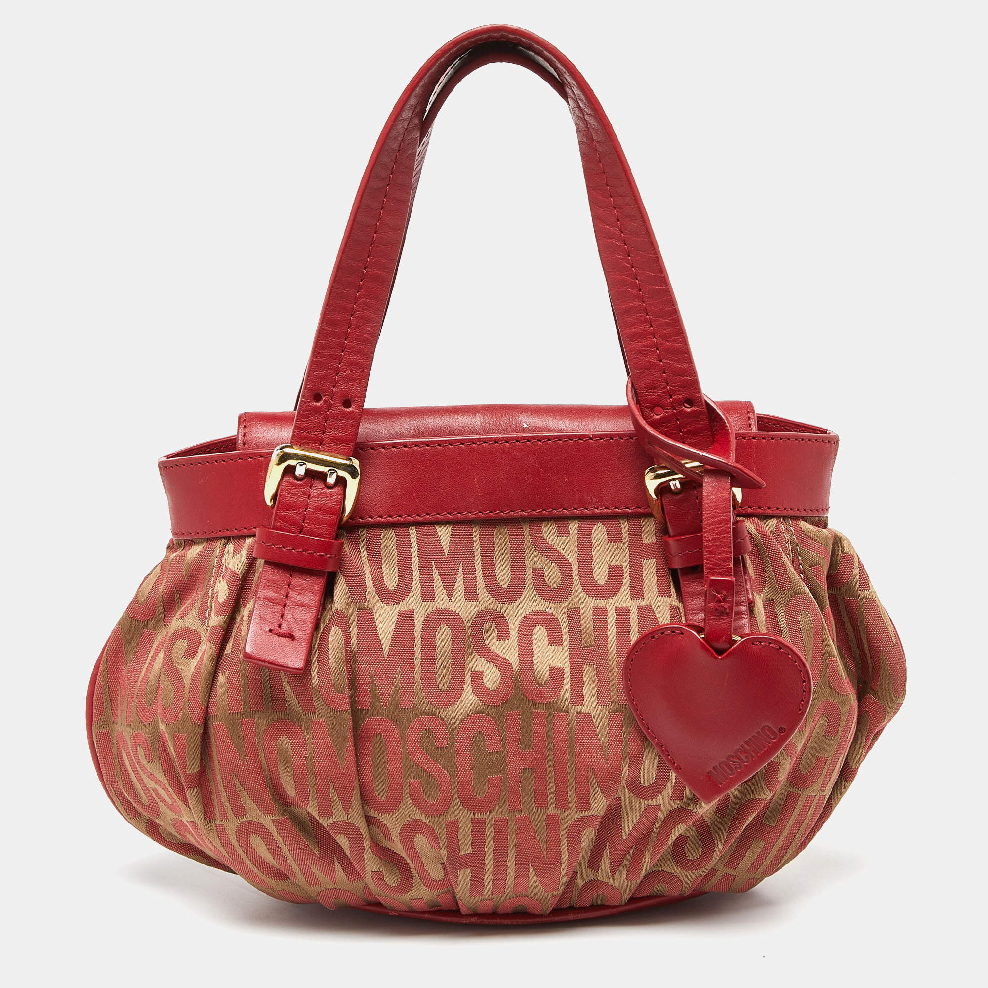 Moschino Red Signature Canvasand Leather Heart Charm Hobo