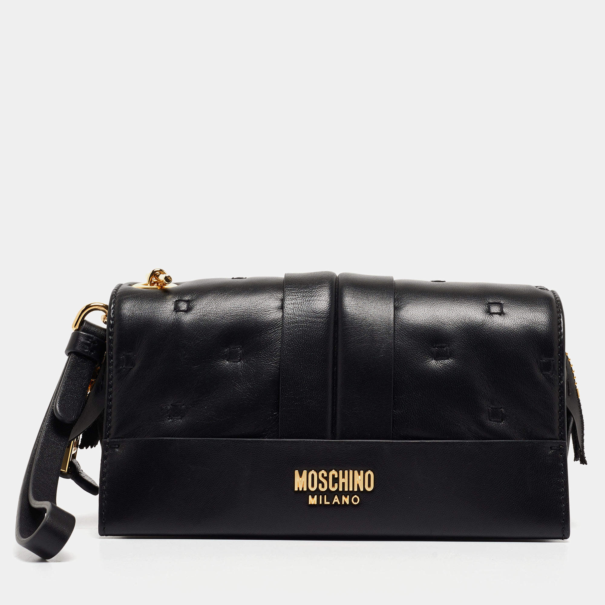 Pre Owned Moschino Black Leather Wristlet Clutch