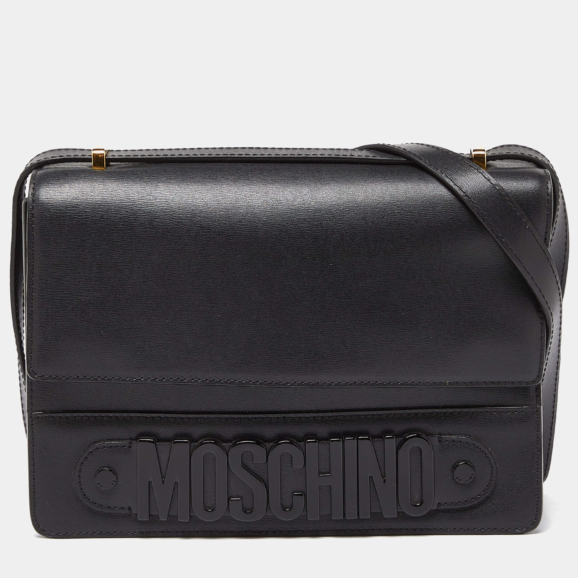 Pre Owned Moschino Black Leather Logo Flap Shoulder Bag