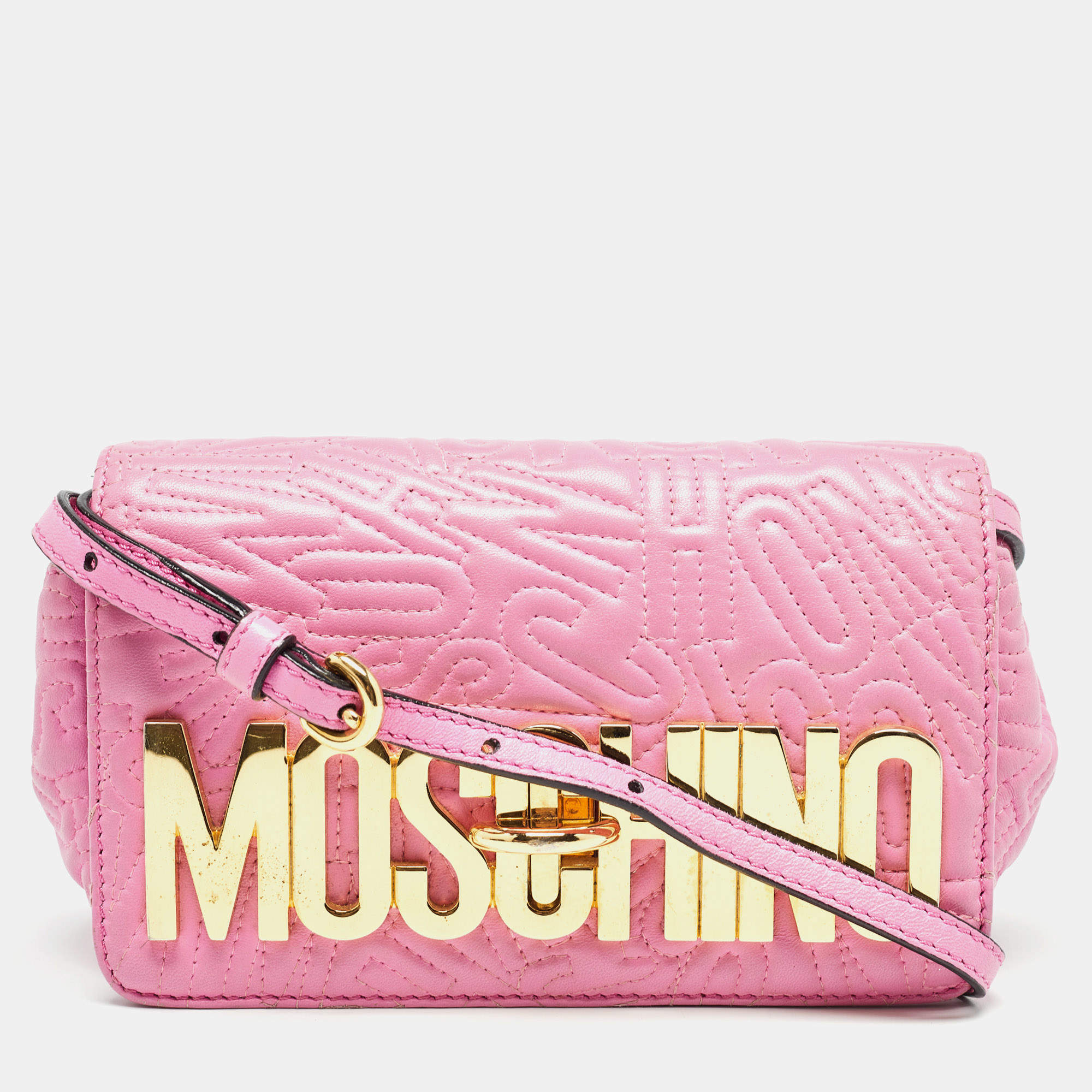 Moschino Pink Embroidered Leather Logo Crossbody Bag