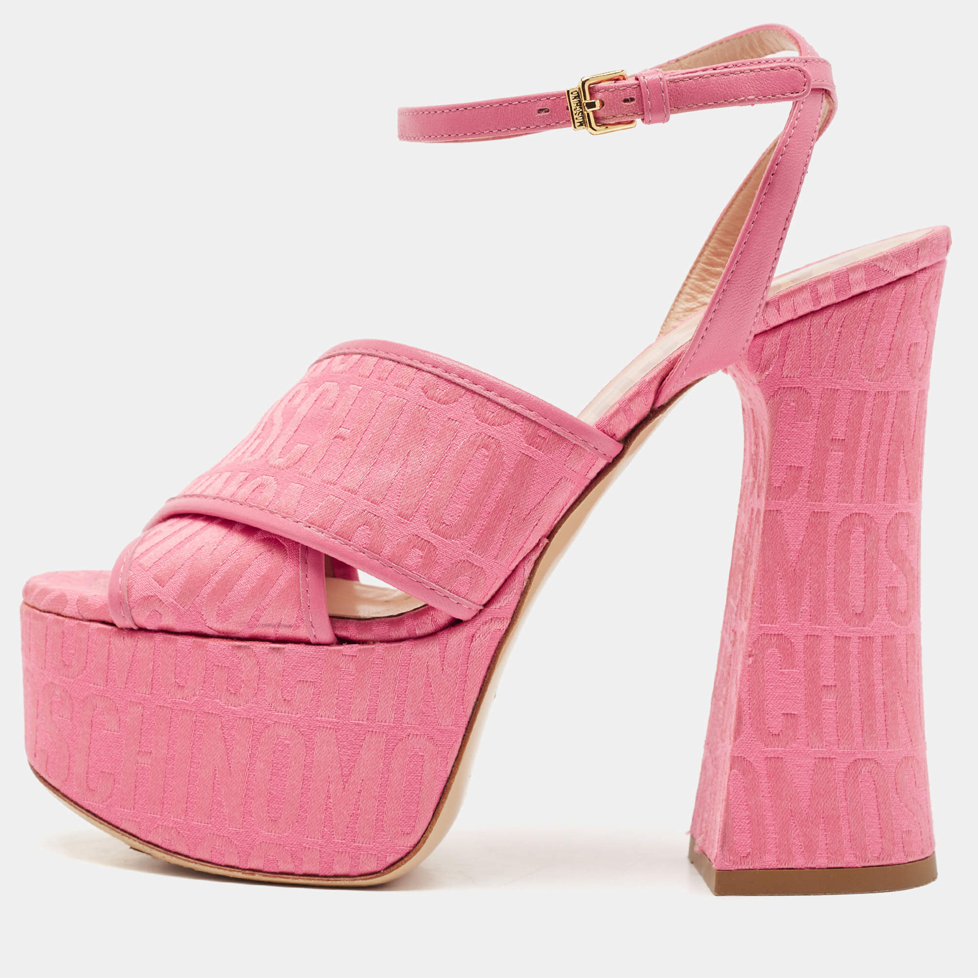 Moschino Pink Fabric Logo Cross Strap Platform Sandals Size 37