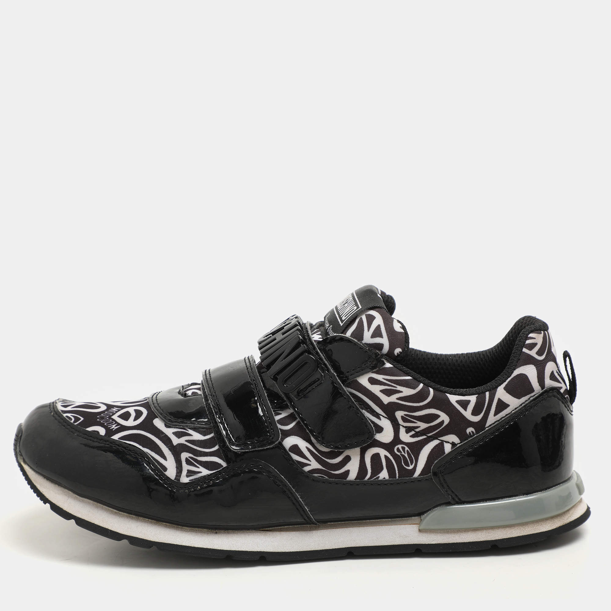 Pre Owned Moschino Black/White Printed Neoprene and Patent Leather Velcro Low Top Sneakers Size 36