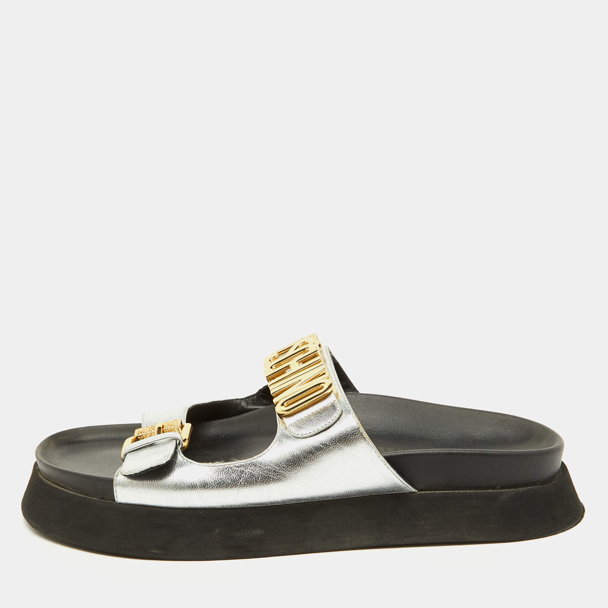 Moschino Silver Leather Logo Buckle Detail Chunky Slide Sandals Size 39