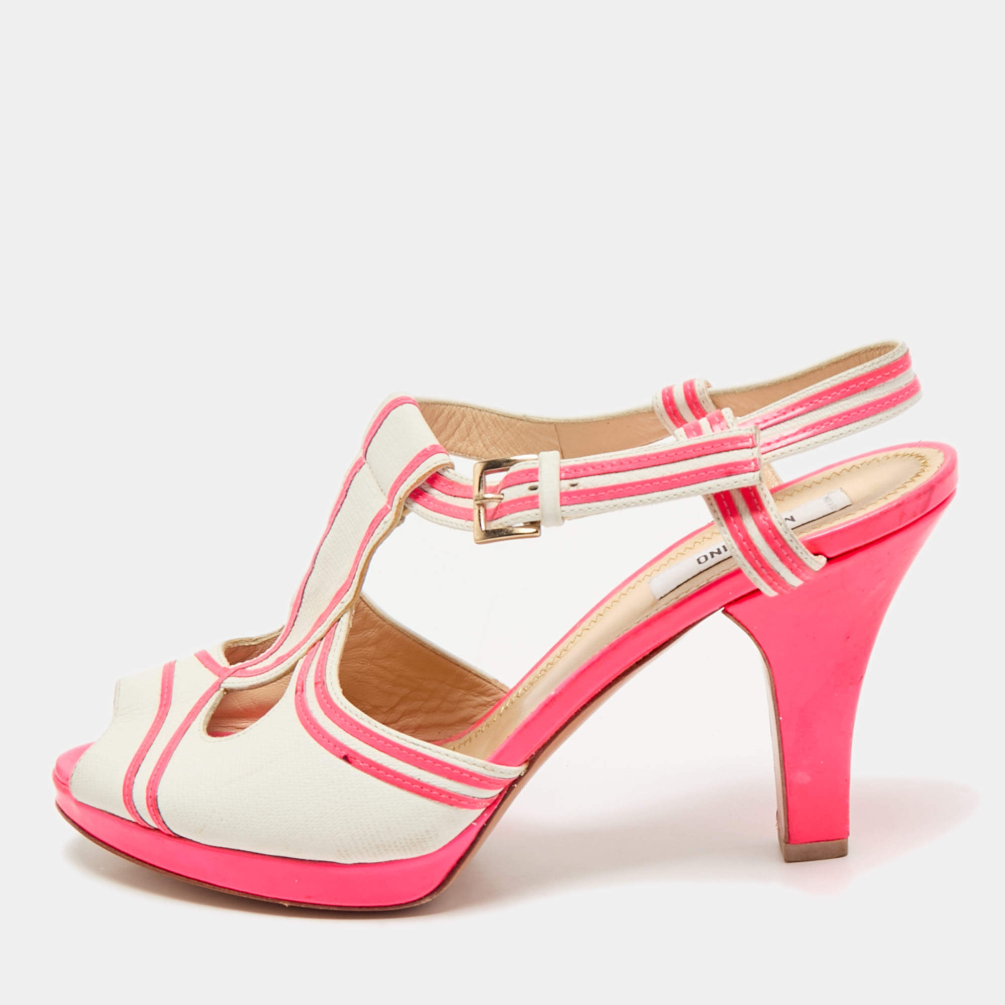 Moschino Neon Pink/White Leather Strappy Peep Toe Sandals Size 39
