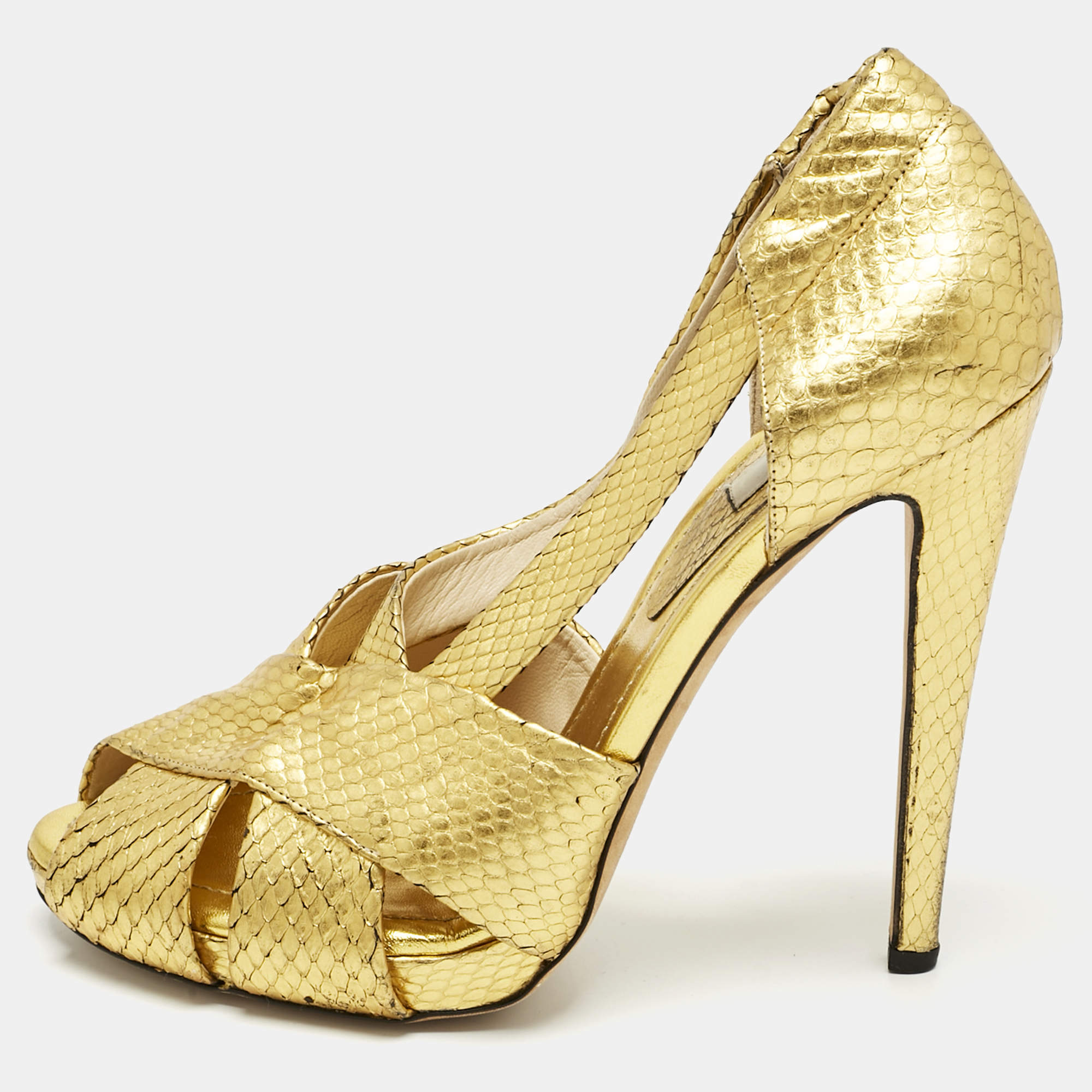 Pre Owned Moschino Gold Python Embossed Leather Cut Out Peep Toe Pumps Size 40