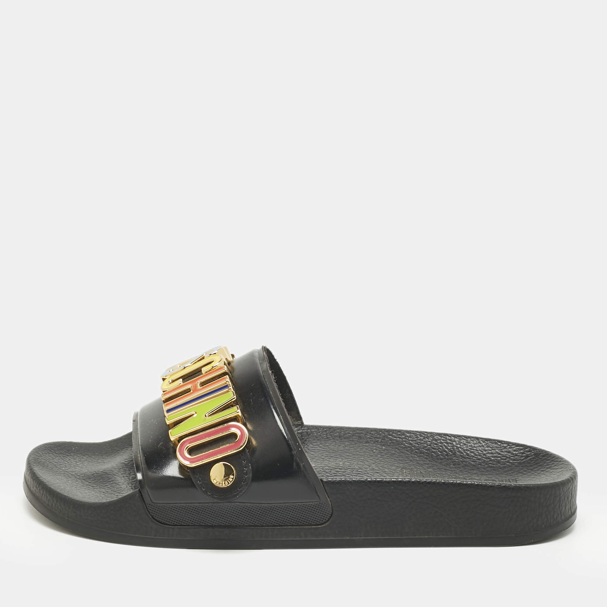 Pre Owned Moschino Black Rubber Logo Flat Slides Size 37