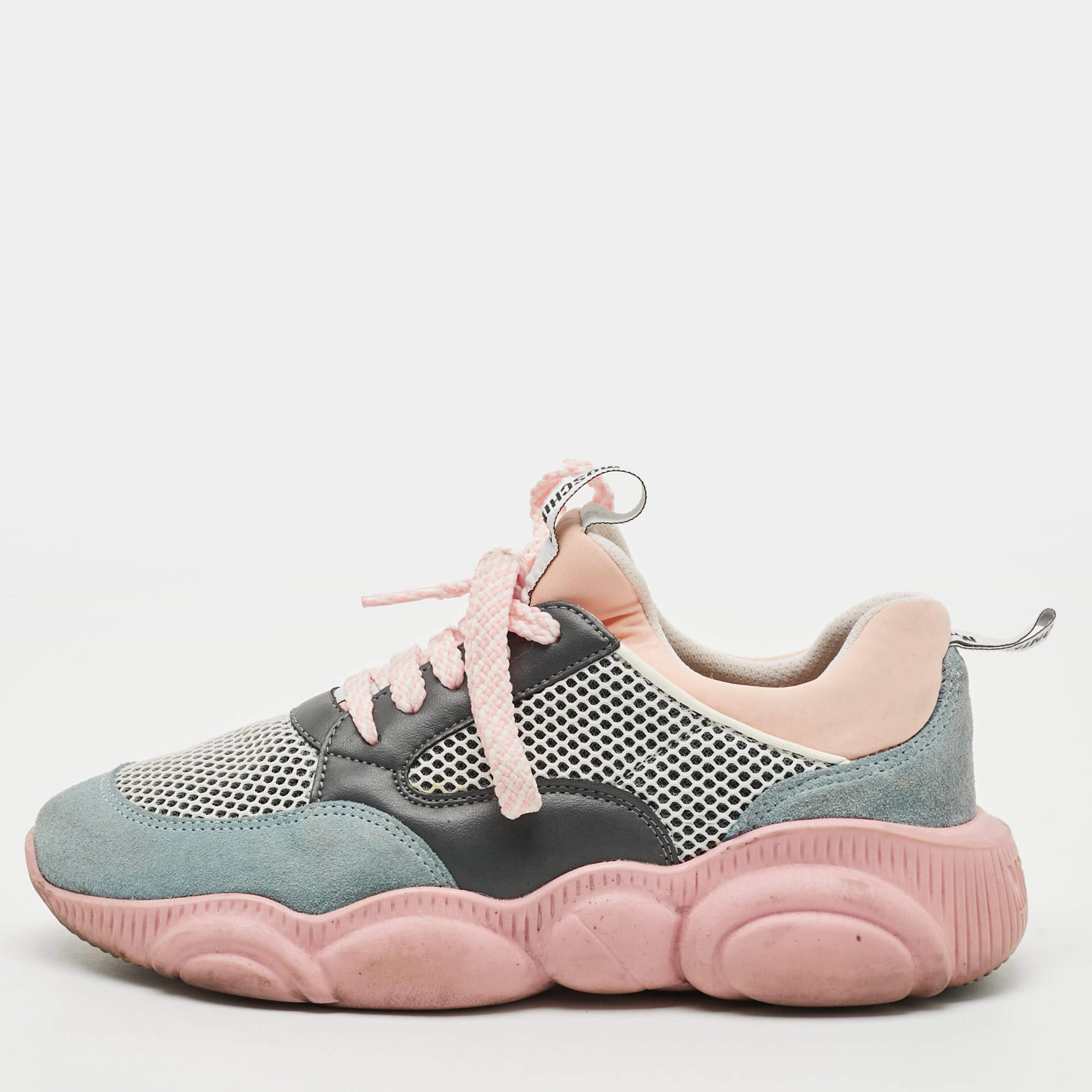 Pre Owned حذاء رياضي موسكينو تيدي بير محبوك متعدد الألوان وشامواه بالرباط مقاس 36