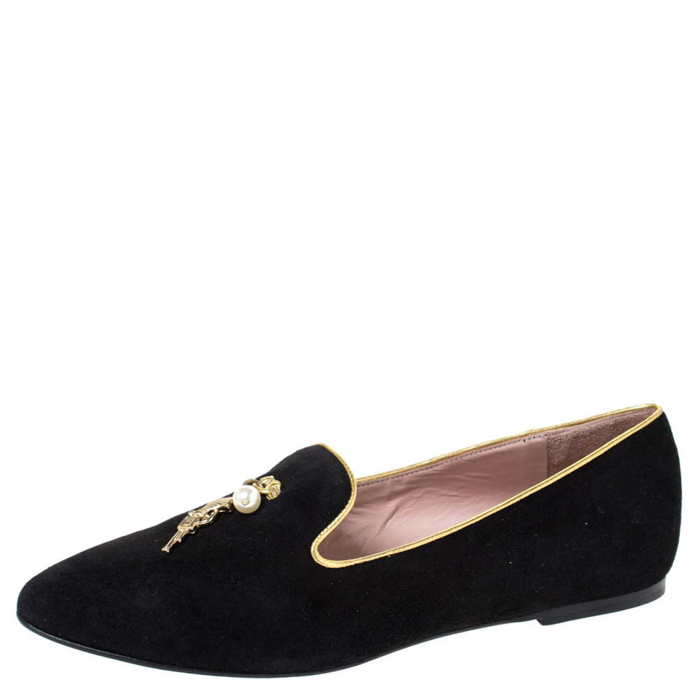 Moschino CheapAndChic Black Suede Gun And Pearl Embellished Ballet Flats Size 38