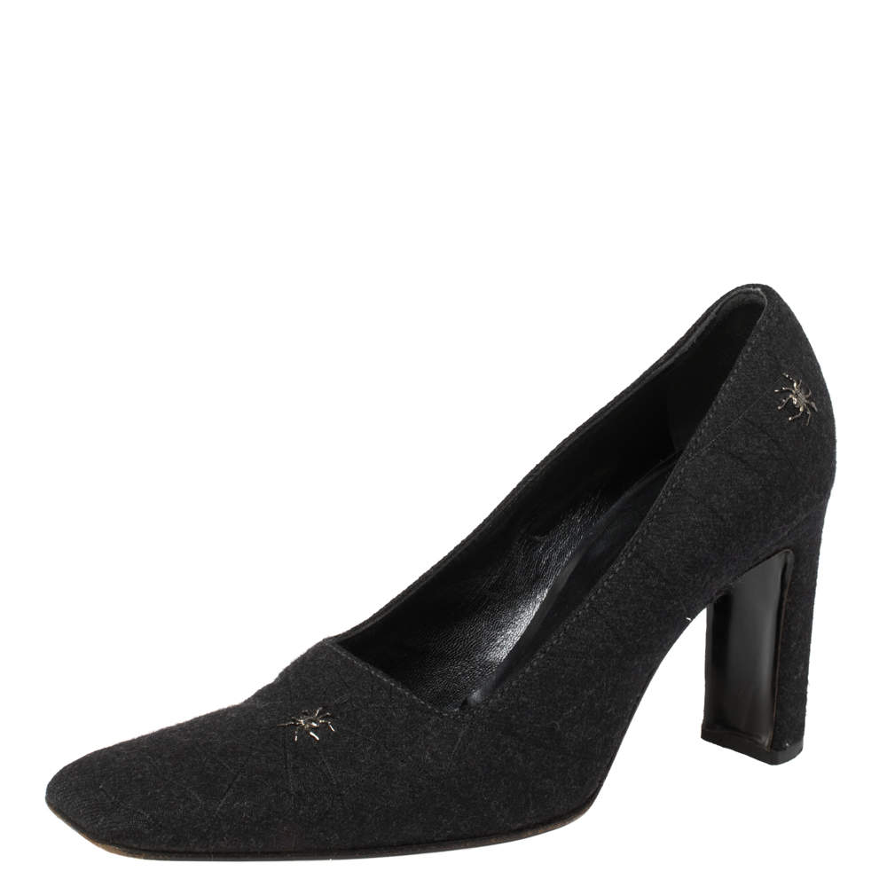 Moschino Black Wool Spider-Accented Square-Toe Pumps 37