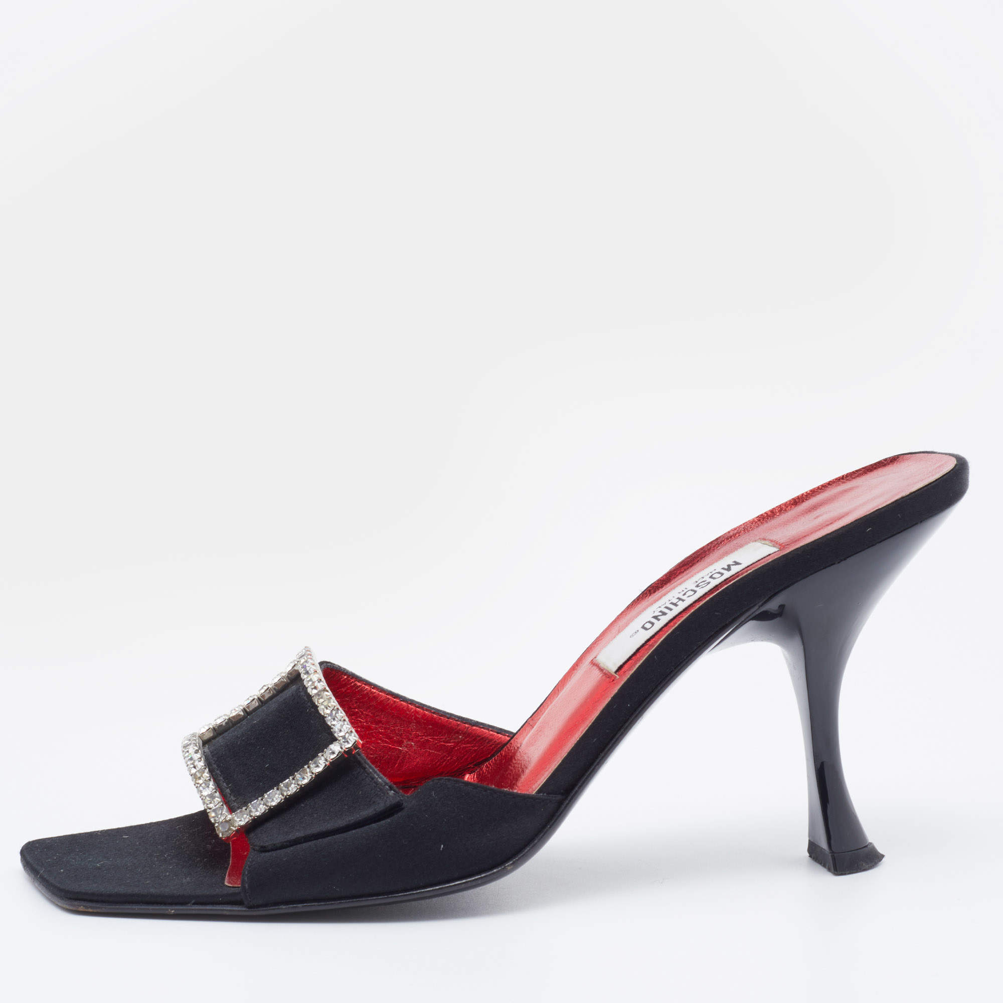 Moschino Black Satin Crystal Embellished Slide Sandals Size 36