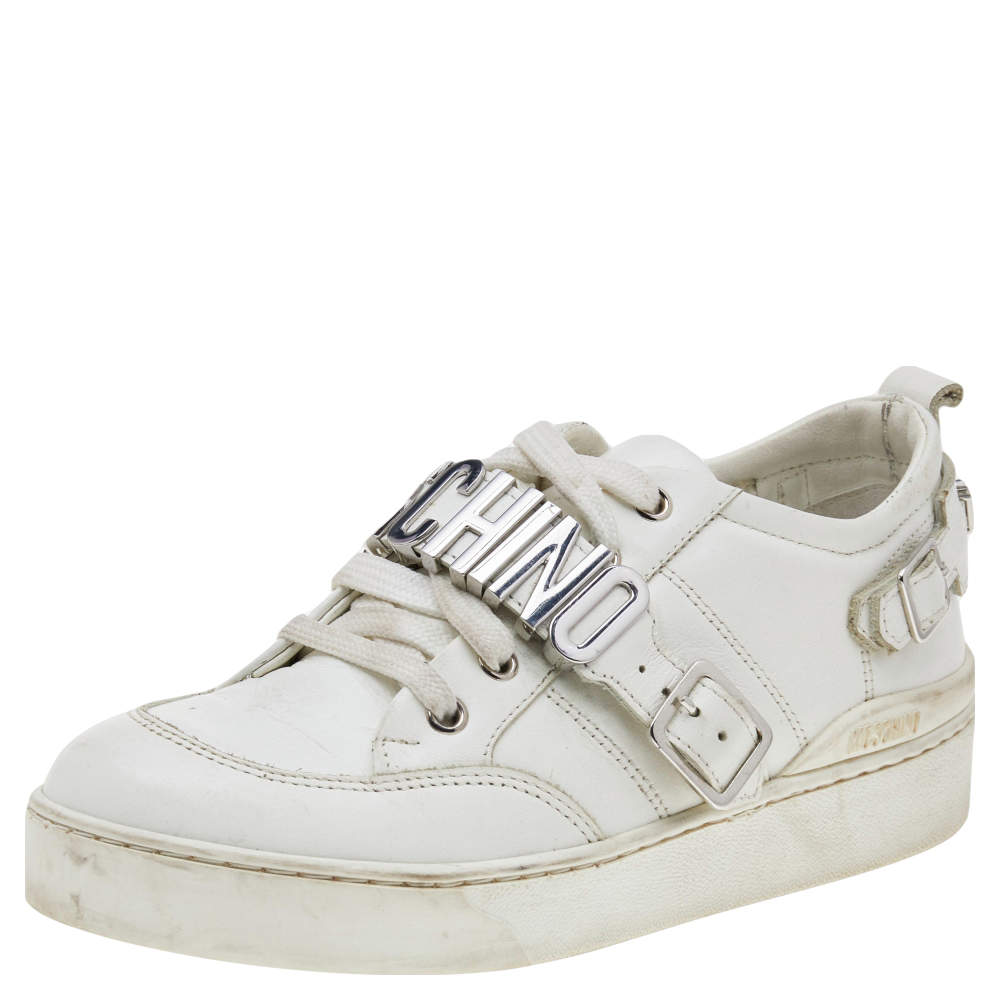 Pre Owned Moschino White Leather Low Top Sneakers Size 37