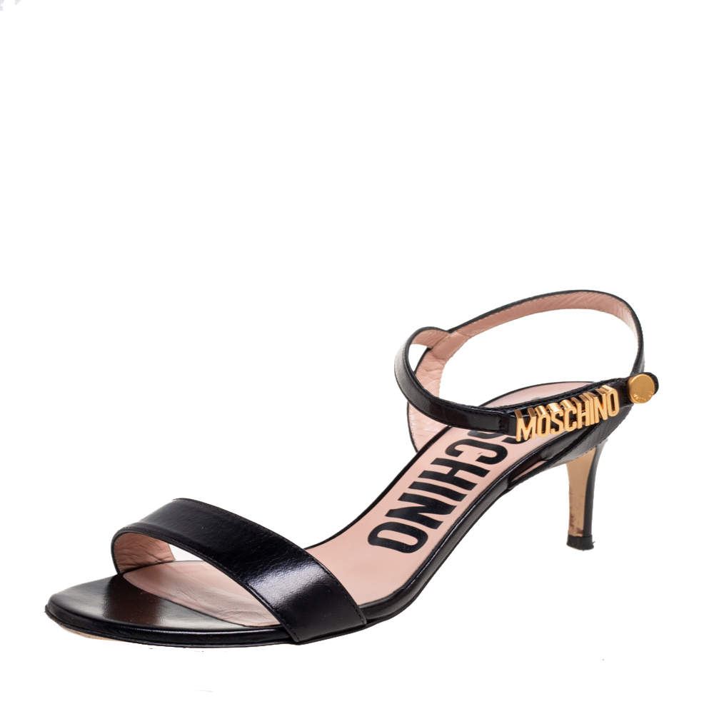 Moschino Black Leather Logo Plaque Ankle-Strap Sandals Size 37