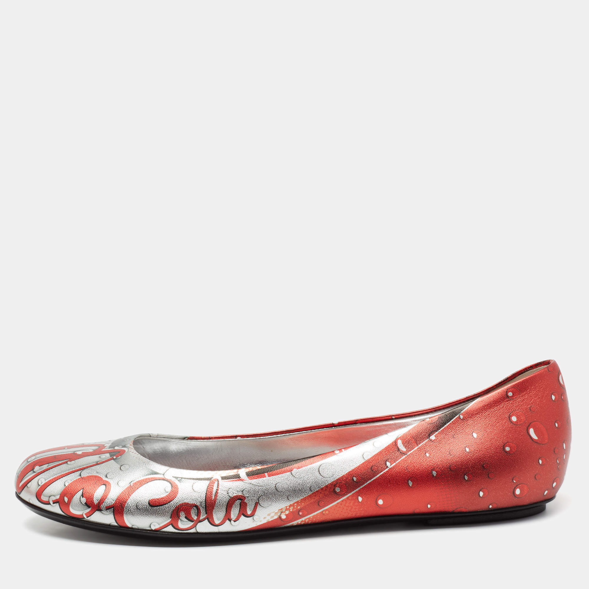 Pre Owned Moschino Silver/Orange Printed Leather Ballet Flats Size 39