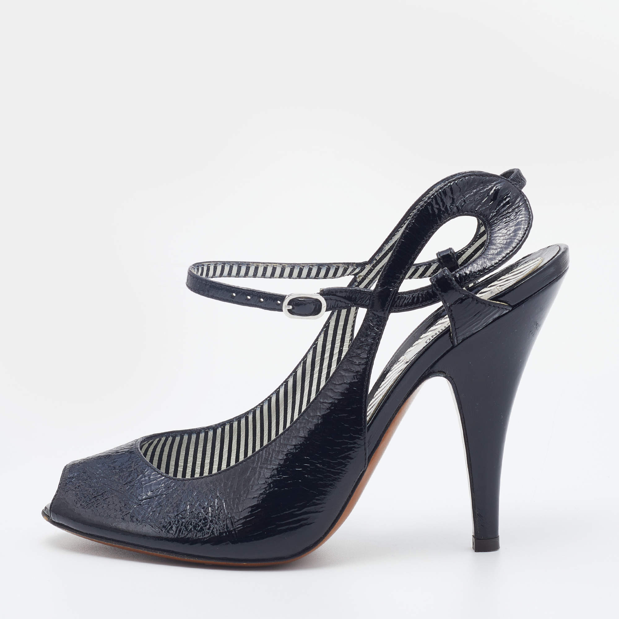 Pre Owned Moschino Black Patent Leather Peep Toe Strappy Sandals Size 40