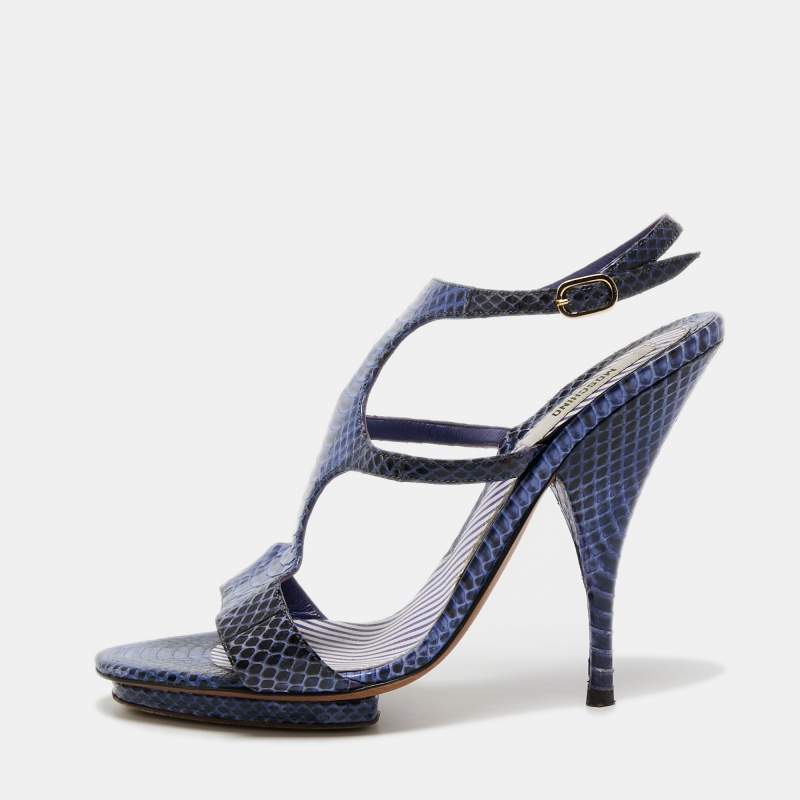 Moschino Blue/Black Python Leather Ankle Strap Sandals Size 37.5