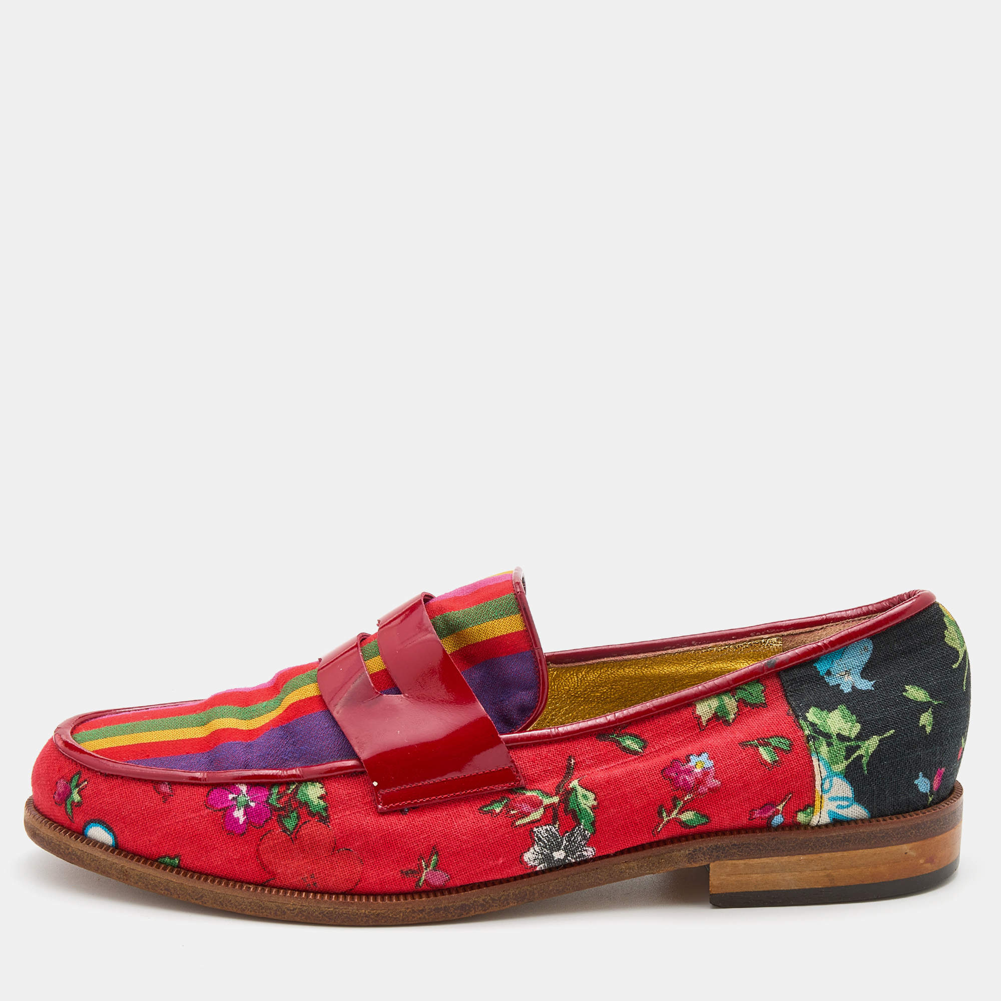 Pre Owned Moschino Multicolor Canvas and Patent Leather Slip On Loafers Size 36.5