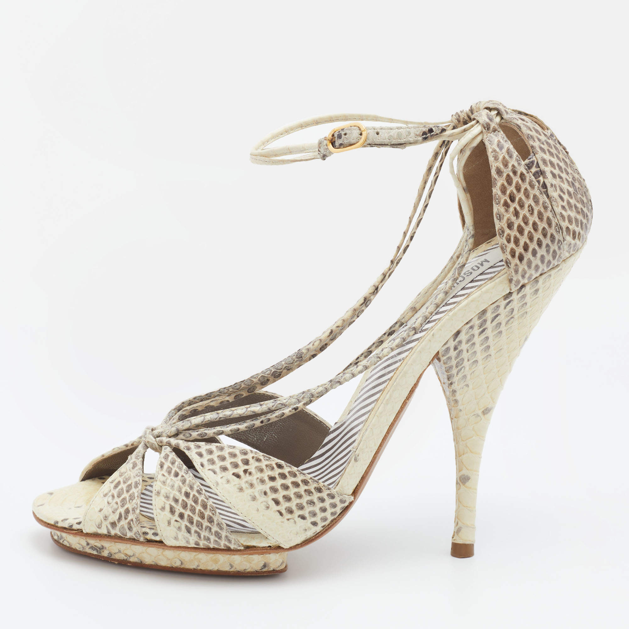 Moschino Cream/Brown Water Snake Ankle Strap Sandals Size 38.5