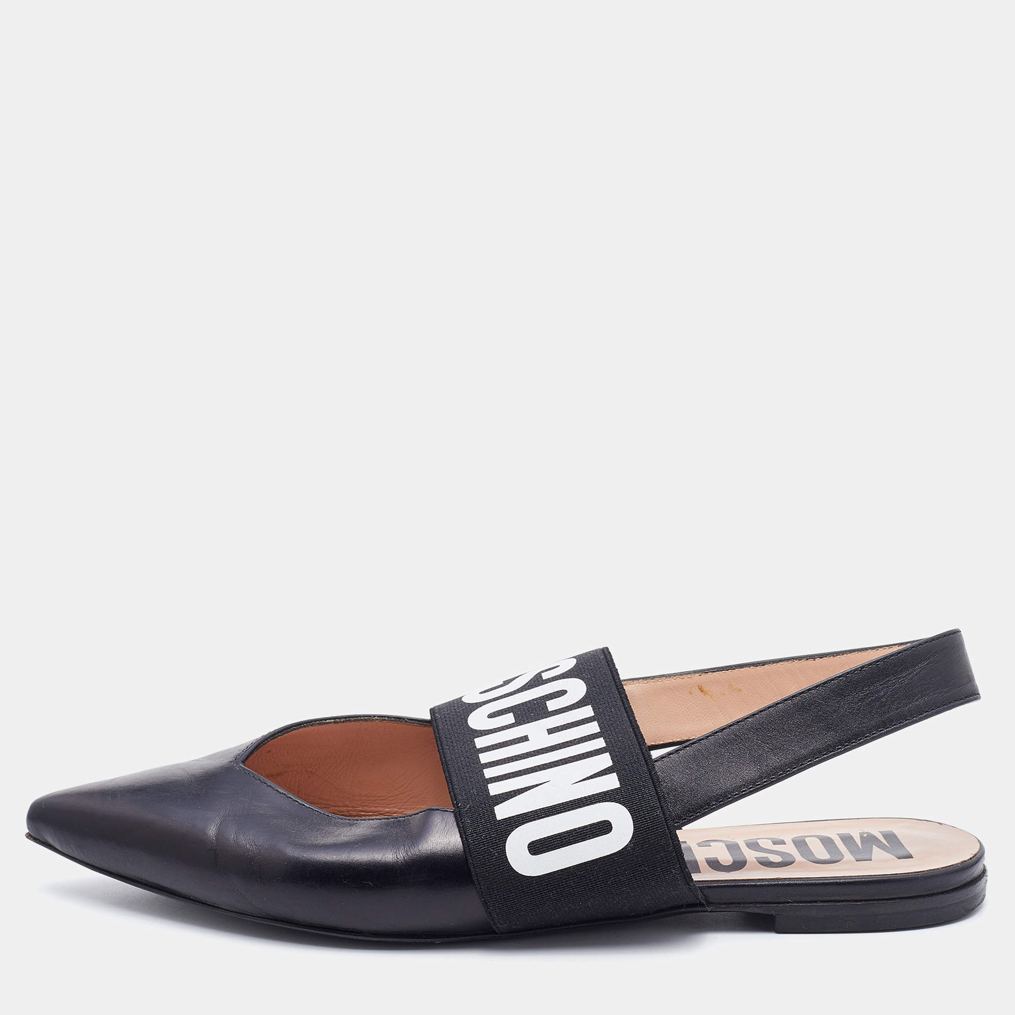 Pre Owned Moschino Black Leather and Elastic Logo Strap Slingback Flats Size 36