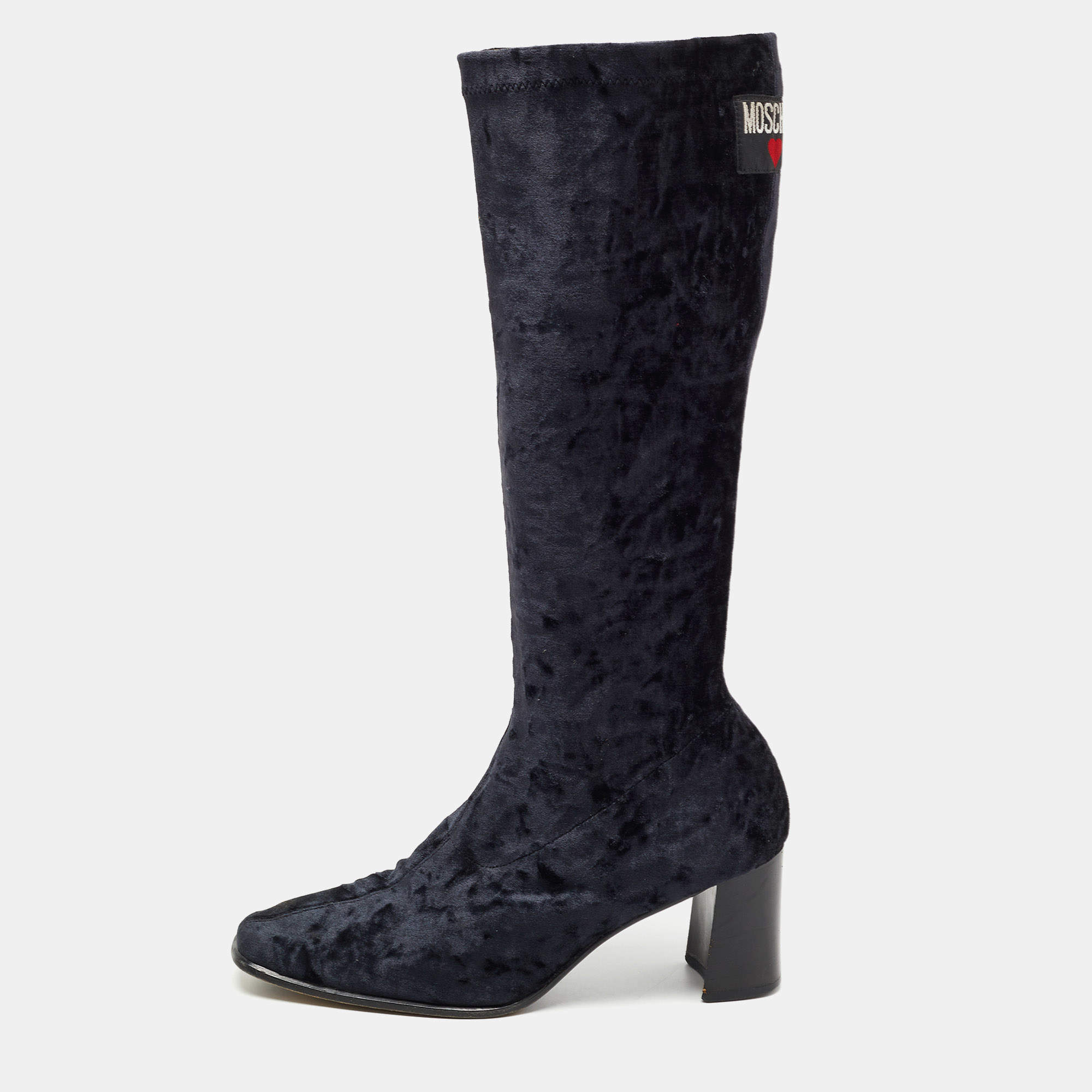 Pre Owned Moschino Black Velvet Calf Length Boots Size 38.5