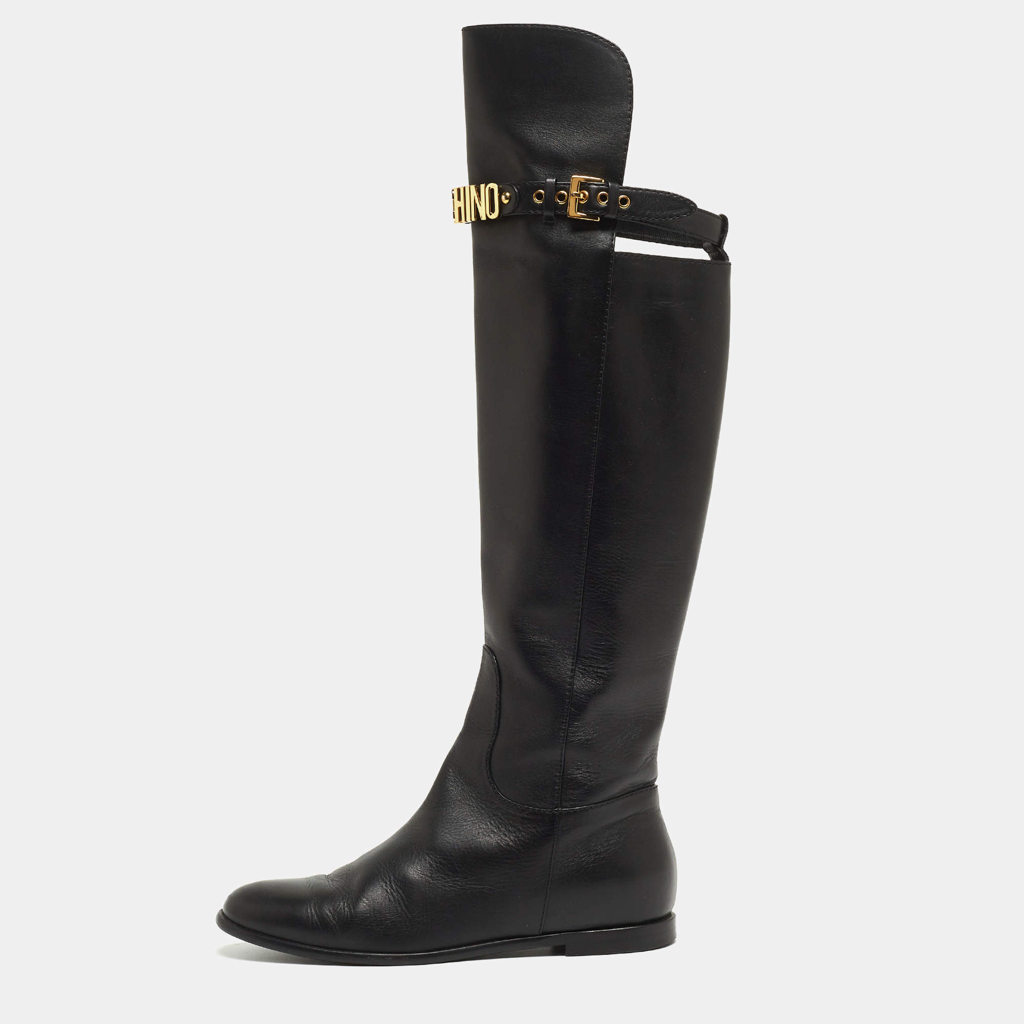 Pre Owned Moschino Black Leather Logo Knee Length Boots Size 37.5