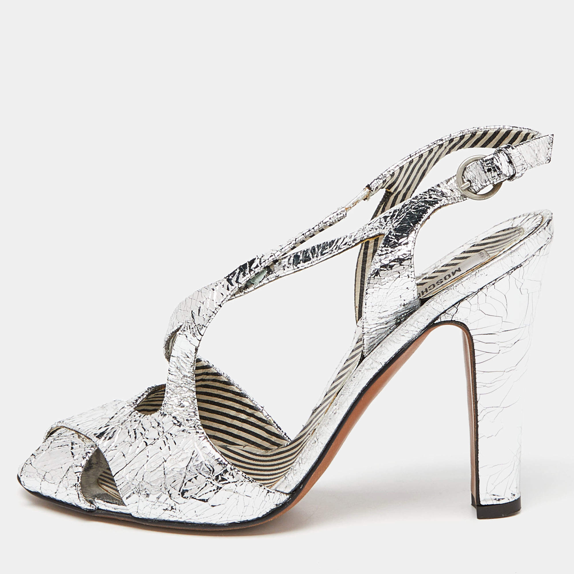 Pre Owned Moschino Silver Crinkled Leather Slingback Sandals Size 38