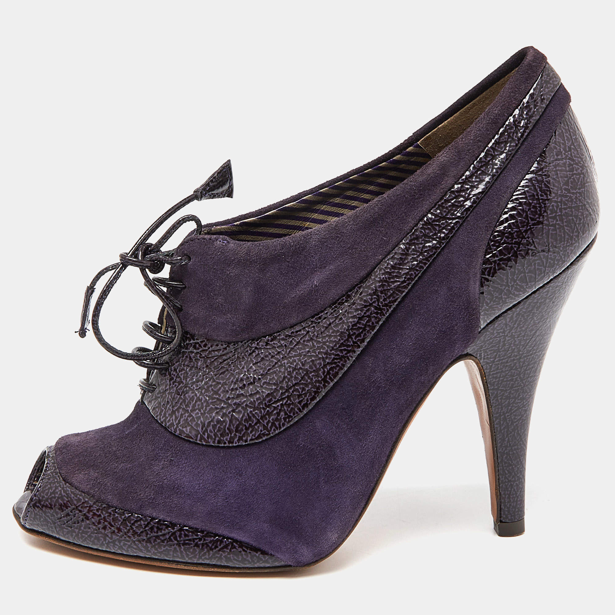 Pre Owned Moschino Purple Suede and Textured Leather Lace Up Peep Toe Ankle Booties Size 37.5