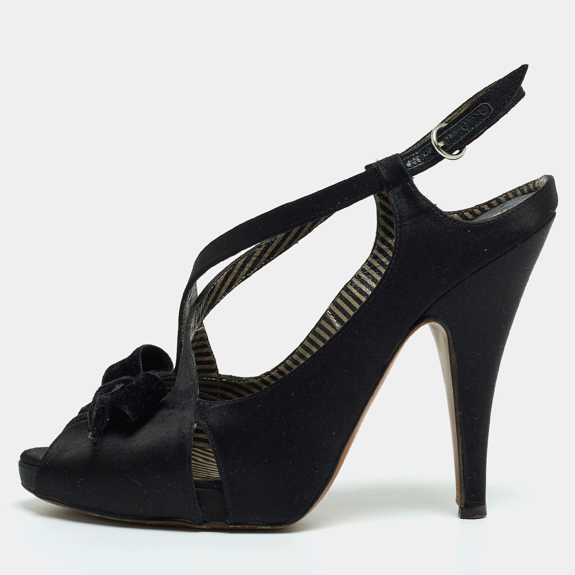 Pre Owned Moschino Black Satin and Velvet Bow Slingback Sandals Size 38.5