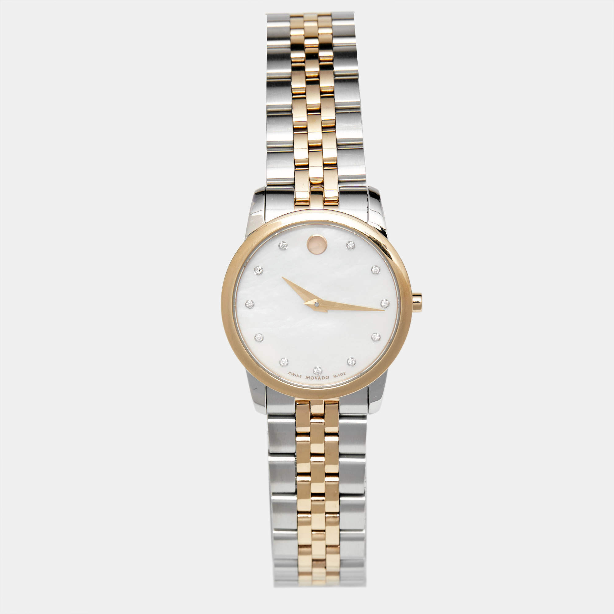 Pre Owned Movado Mother of Pearl Diamond Two Tone Stainless Steel Museum 607209 Women's Wristwatch 28 mm
